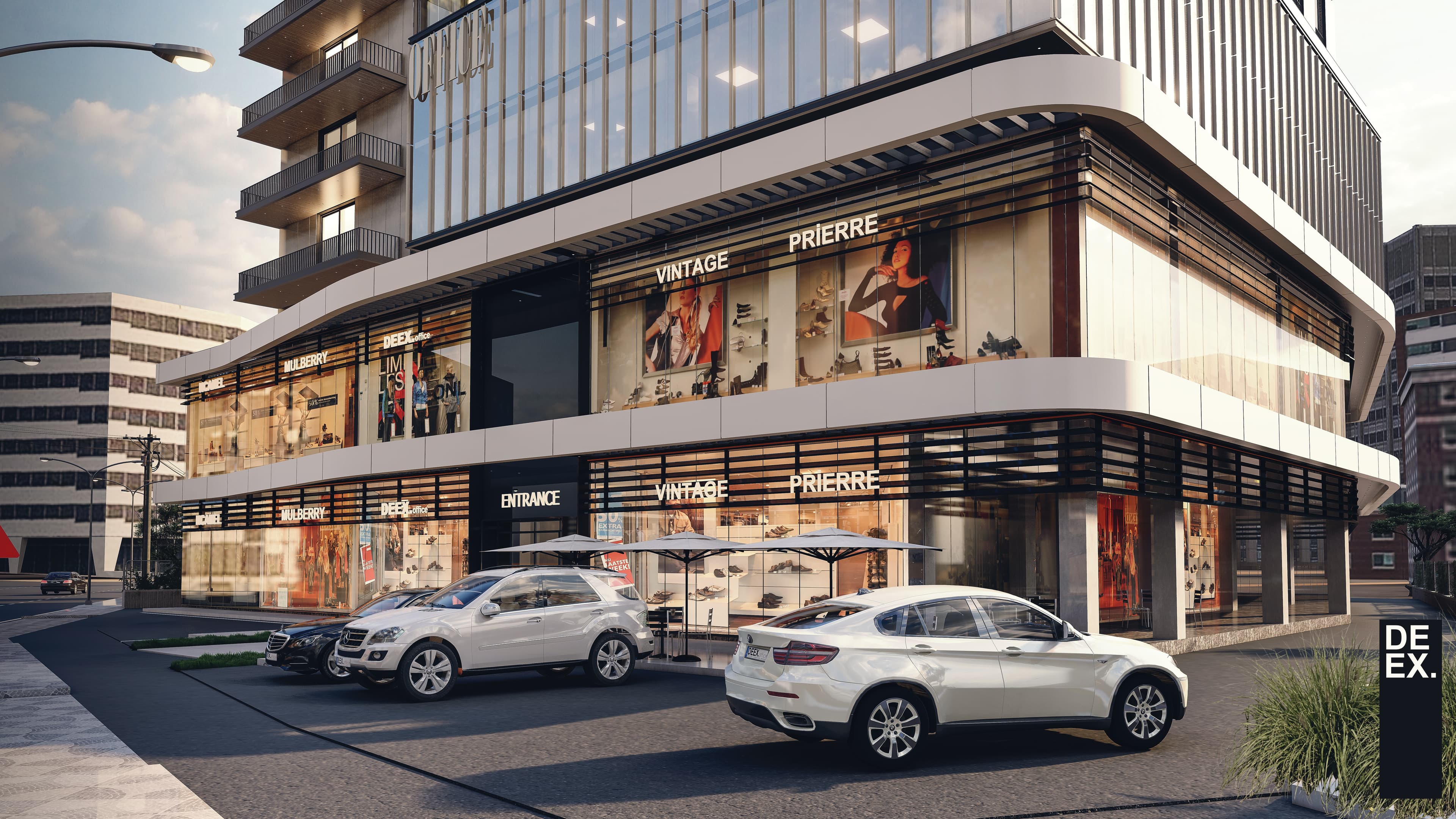 Street-level retail podium with shop windows and horizontal louvered facade