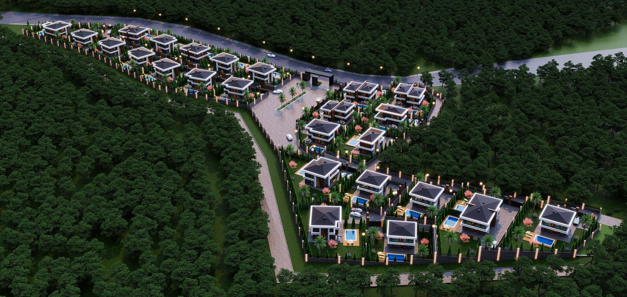 Aerial perspective of the villa community surrounded by trees near a river