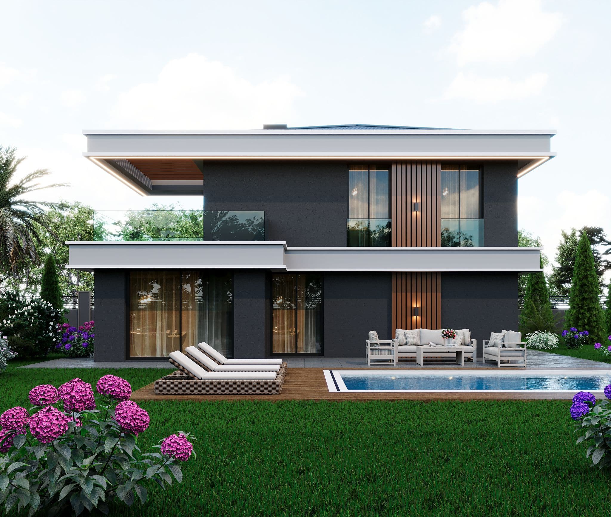 Modern dark-clad villa with timber slats, pool deck, and lounging area