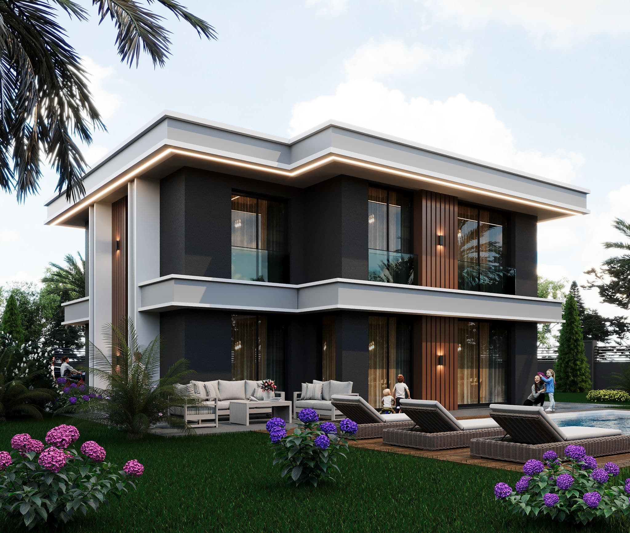 Corner view of two-story villa with glass balconies and garden terrace