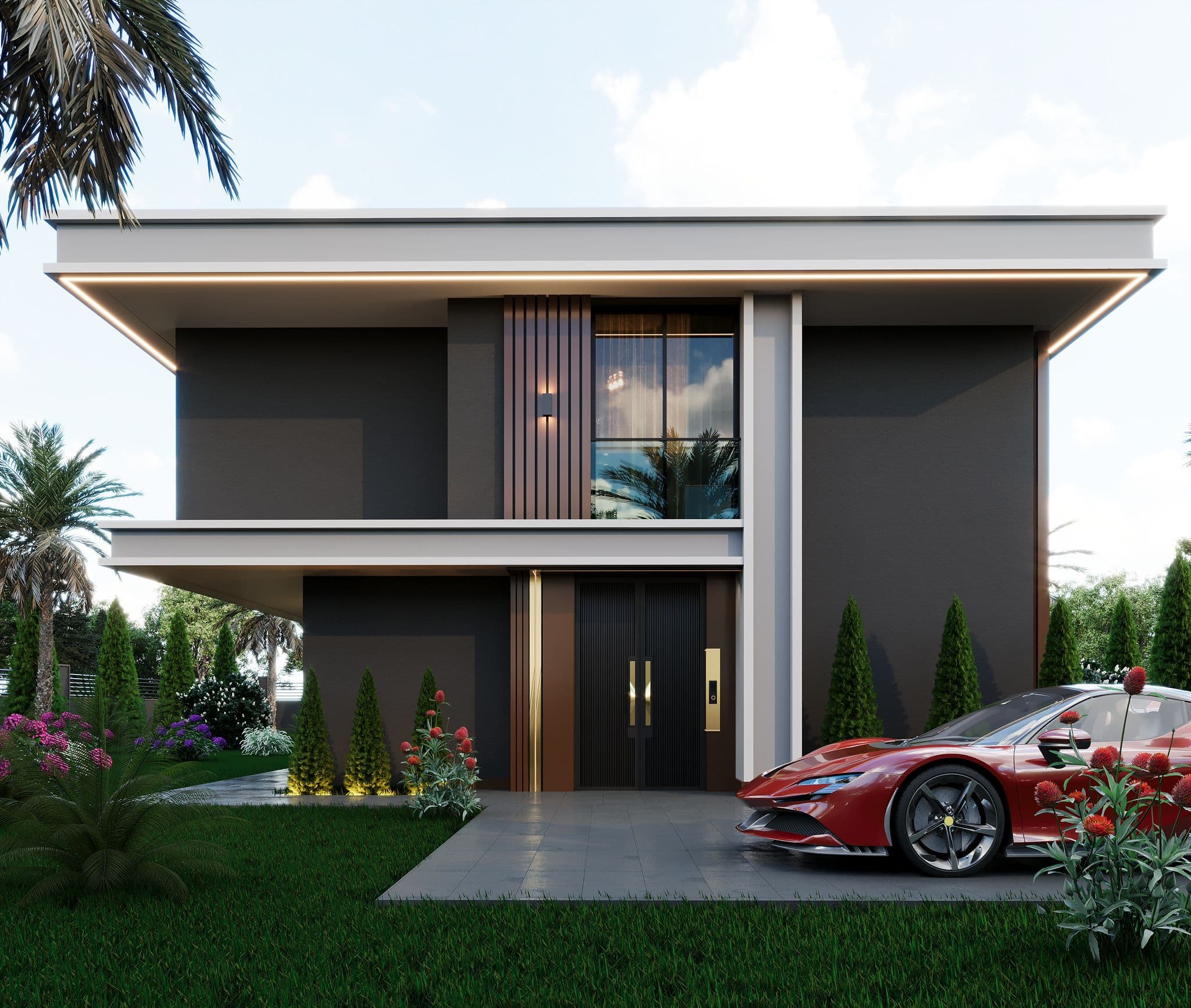 Villa front with tall vertical glazing, flat roof, and car in driveway