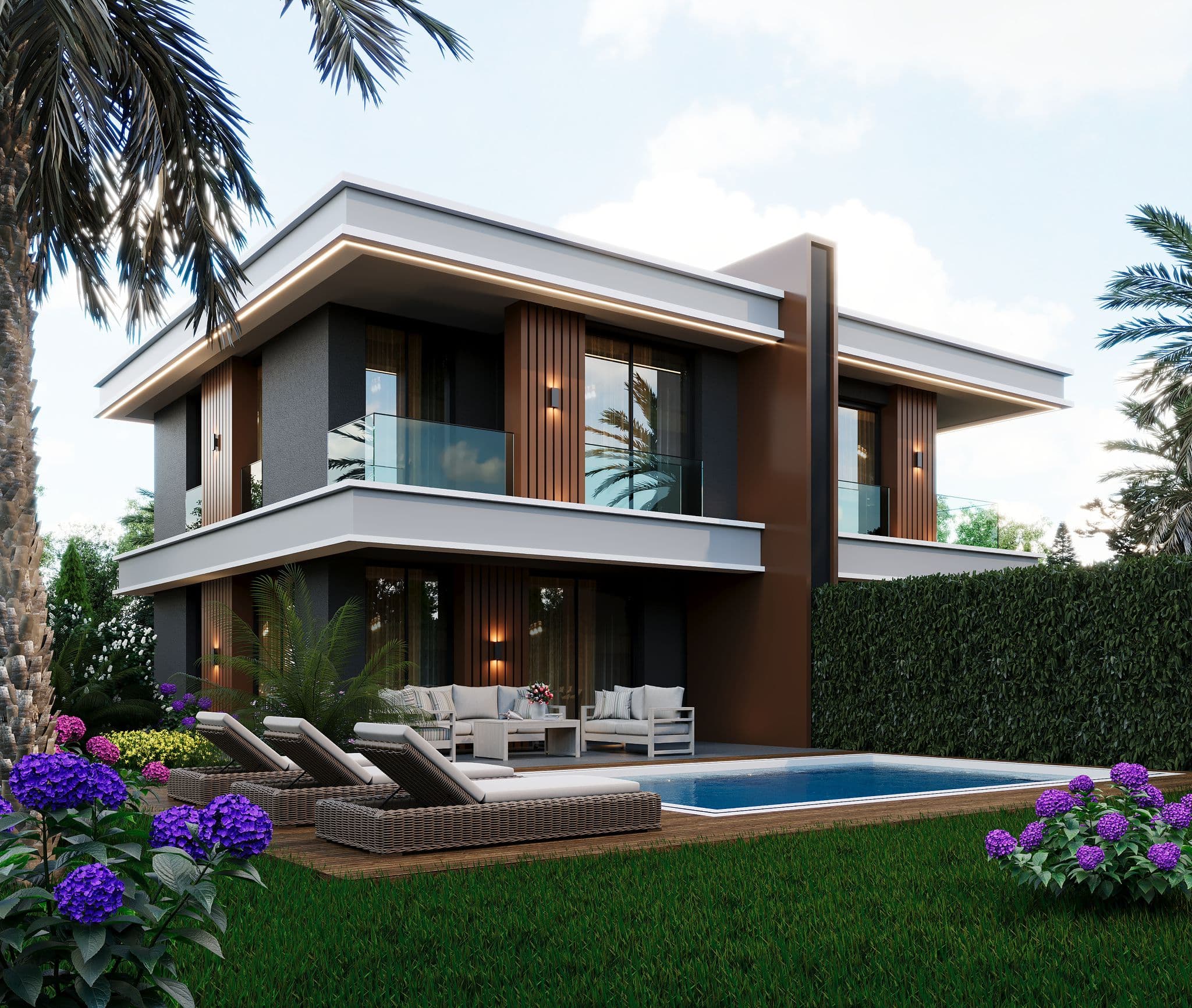 Villa with brown and dark facade, pool area, and tropical landscaping