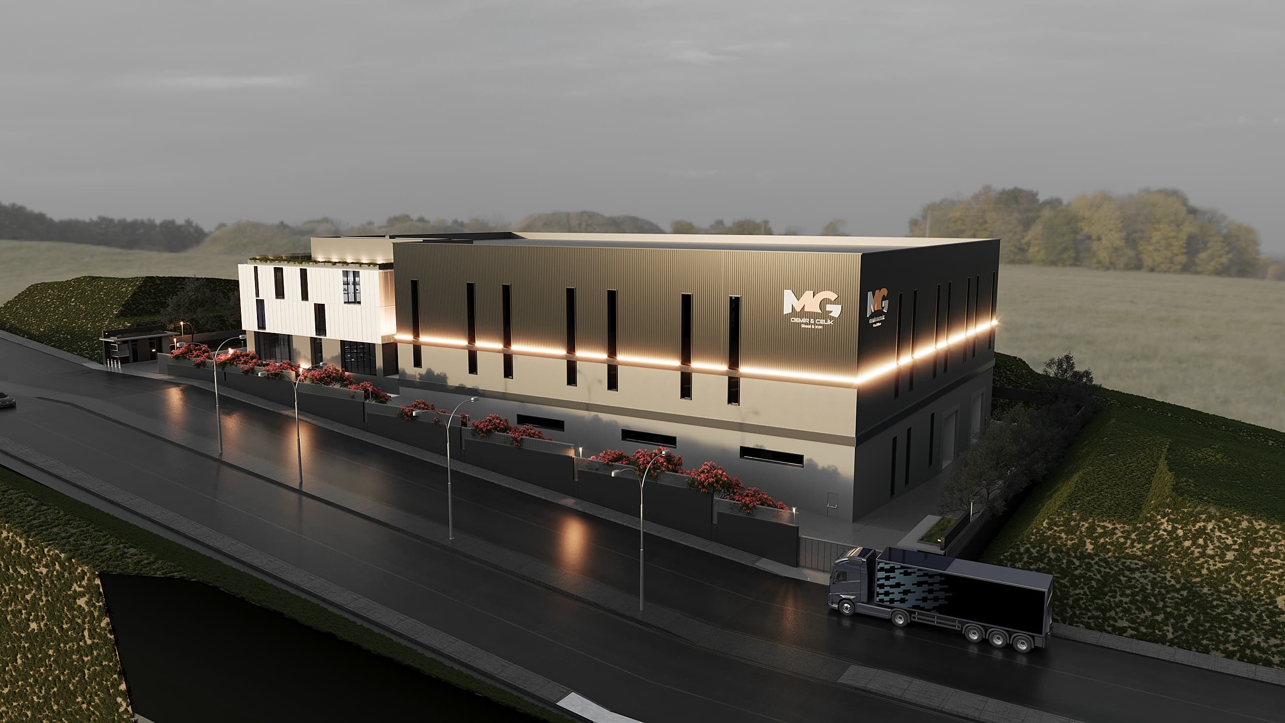 Aerial view of steel plant showing office block, production hall, and truck loading area