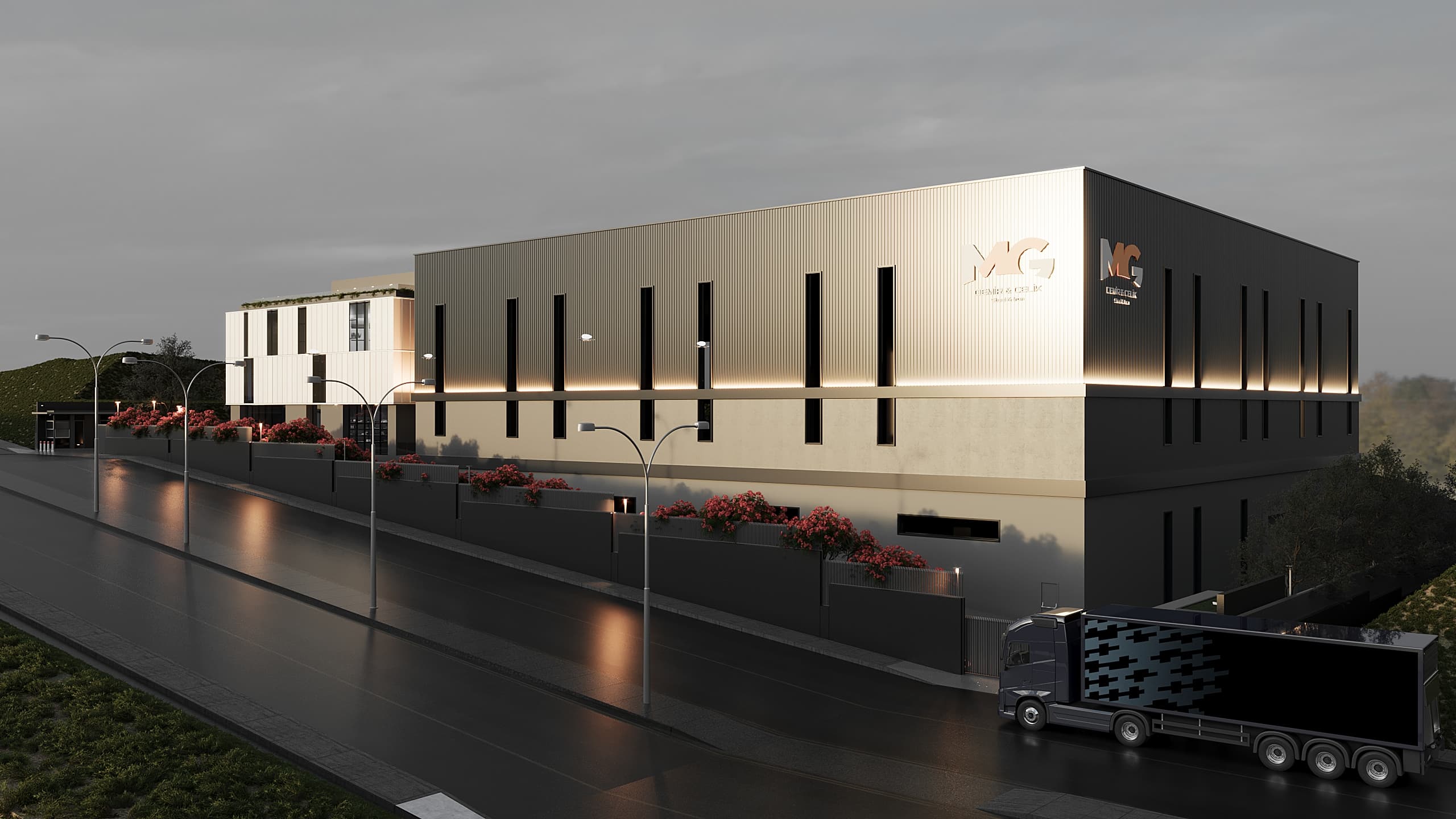 Street view of production hall facade with vertical slot windows and delivery truck entering