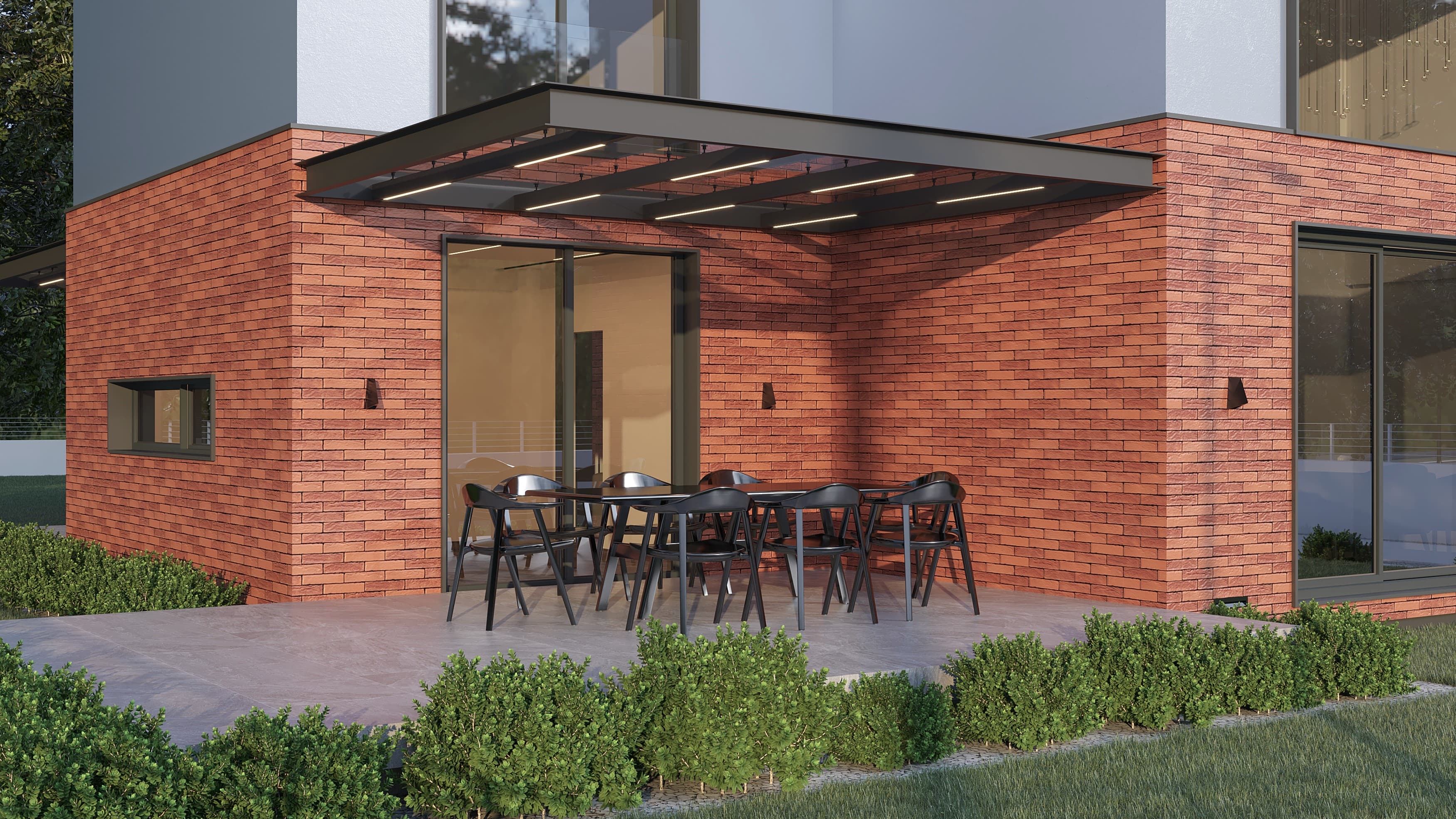 Sheltered brick terrace with outdoor dining table and canopy lighting