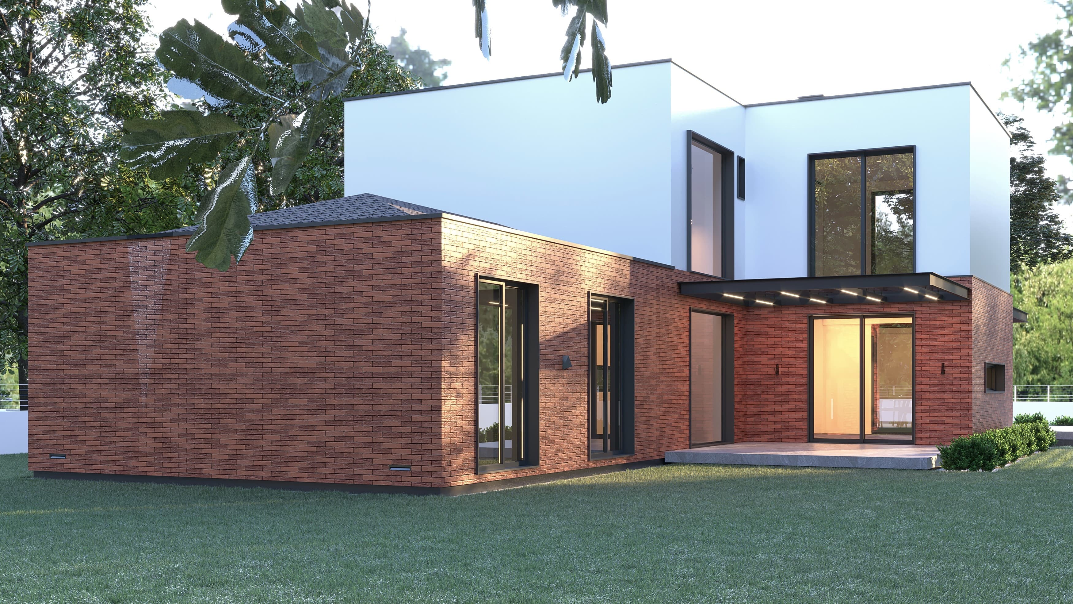 Rear garden view of brick and white rendered house with illuminated entrance