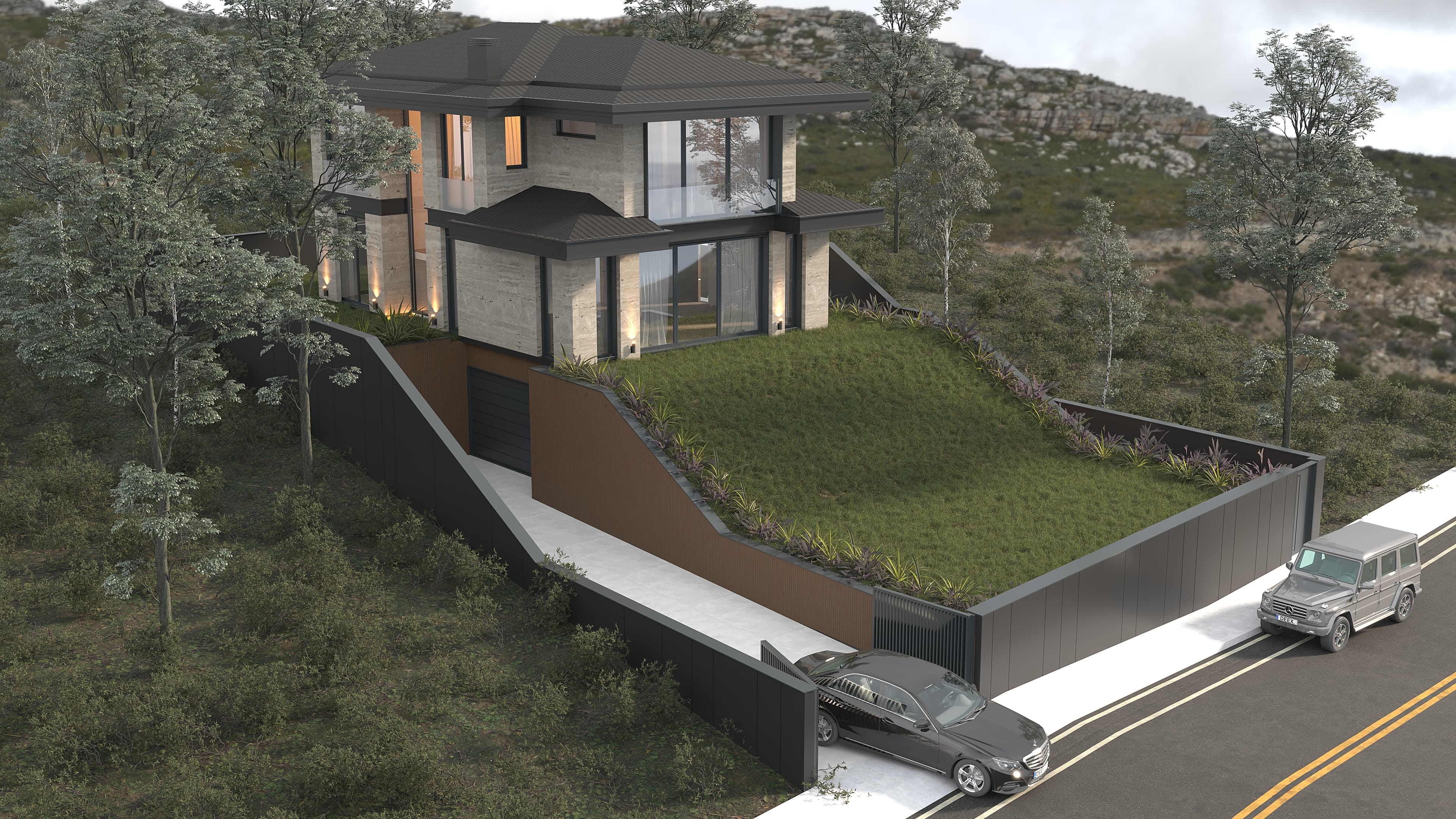 Aerial view of residence built into rocky hillside with garage below