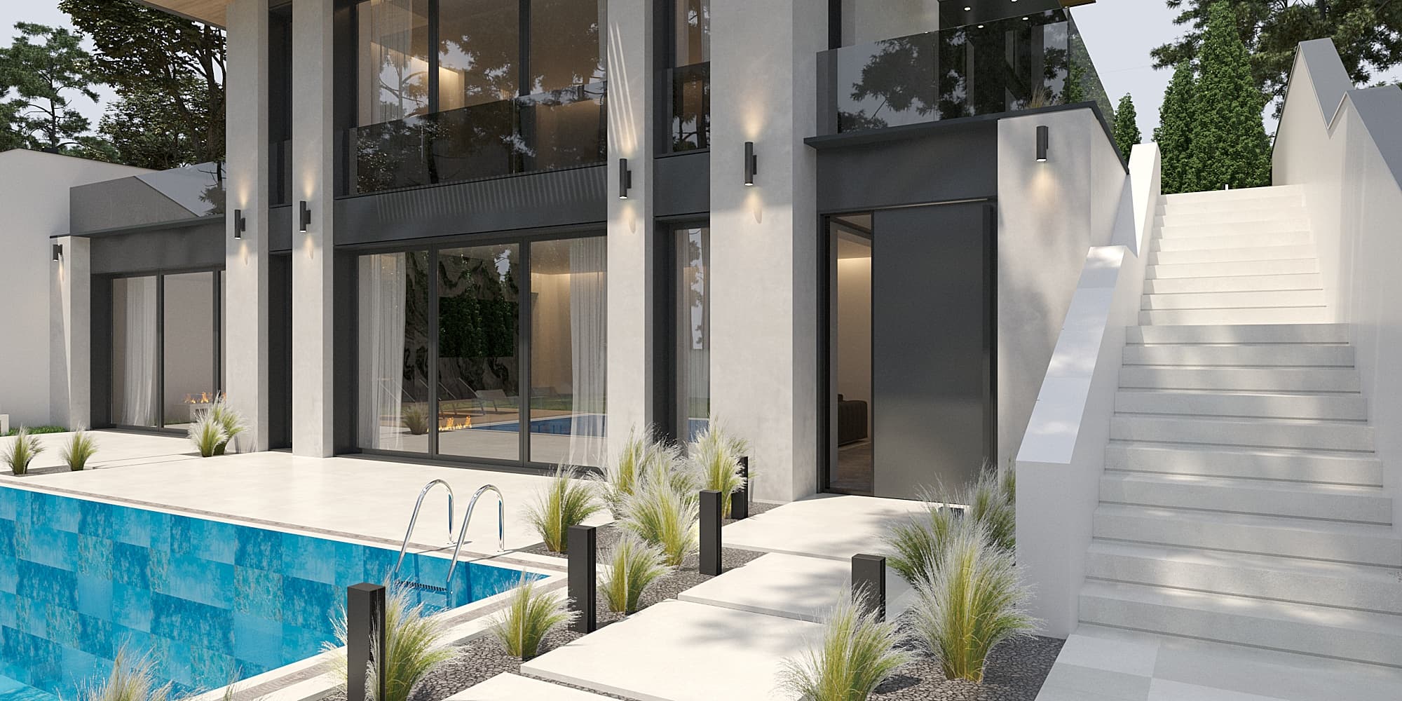 Pool terrace with full-height glazing, outdoor staircase, and ornamental grasses