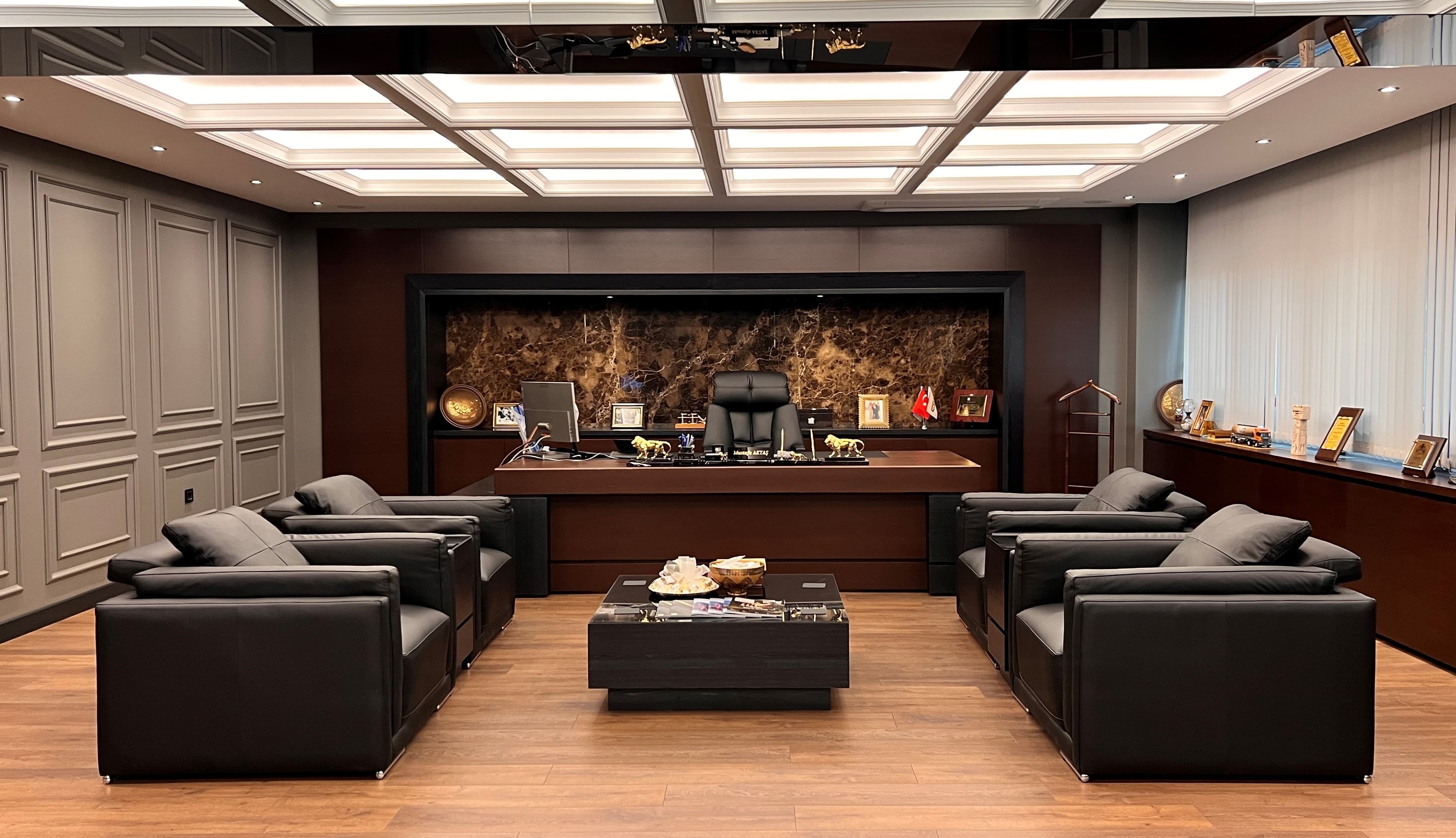 Symmetrical view of leather seating arrangement in office