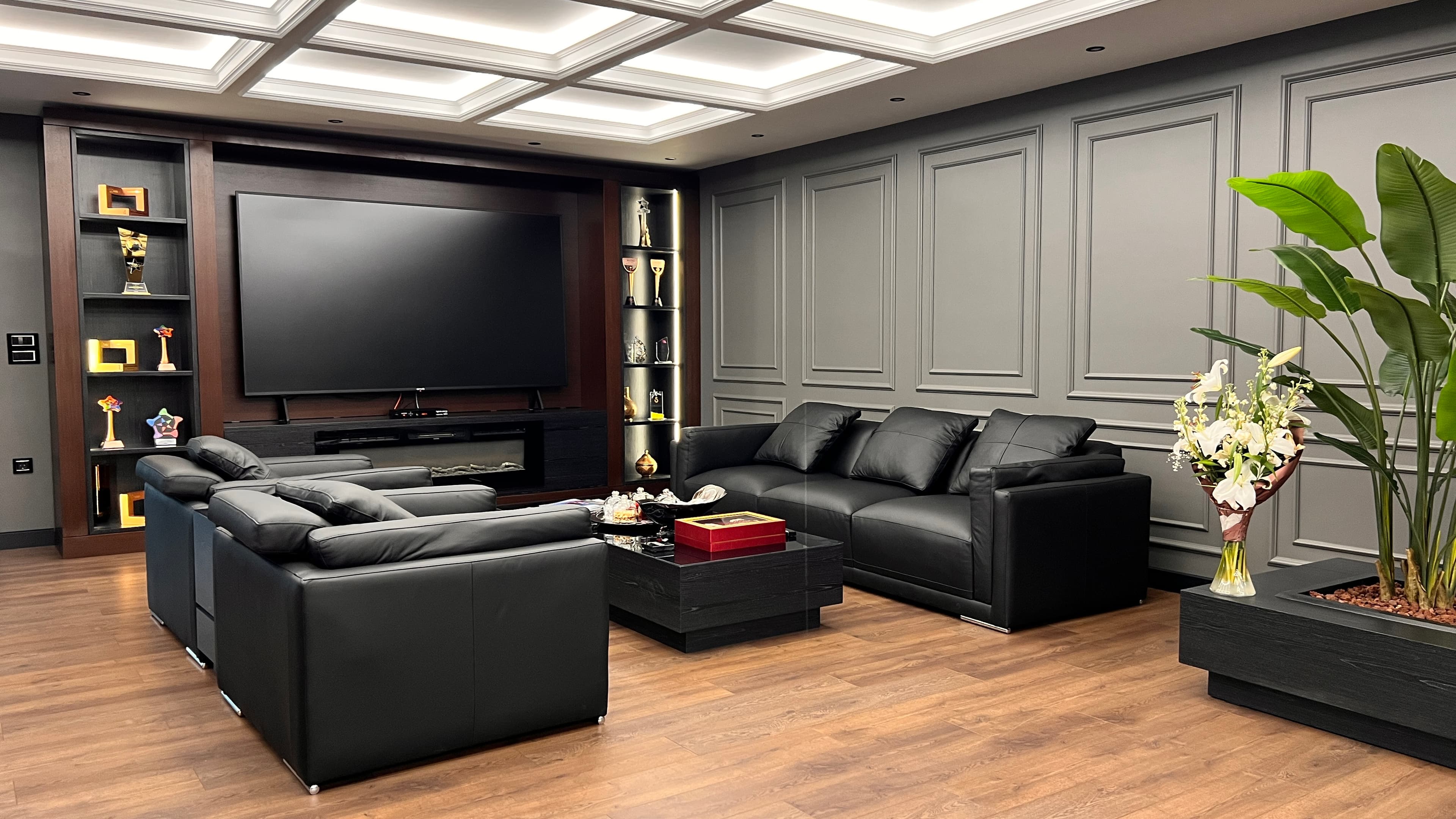 Entertainment zone with TV wall and trophy display shelves
