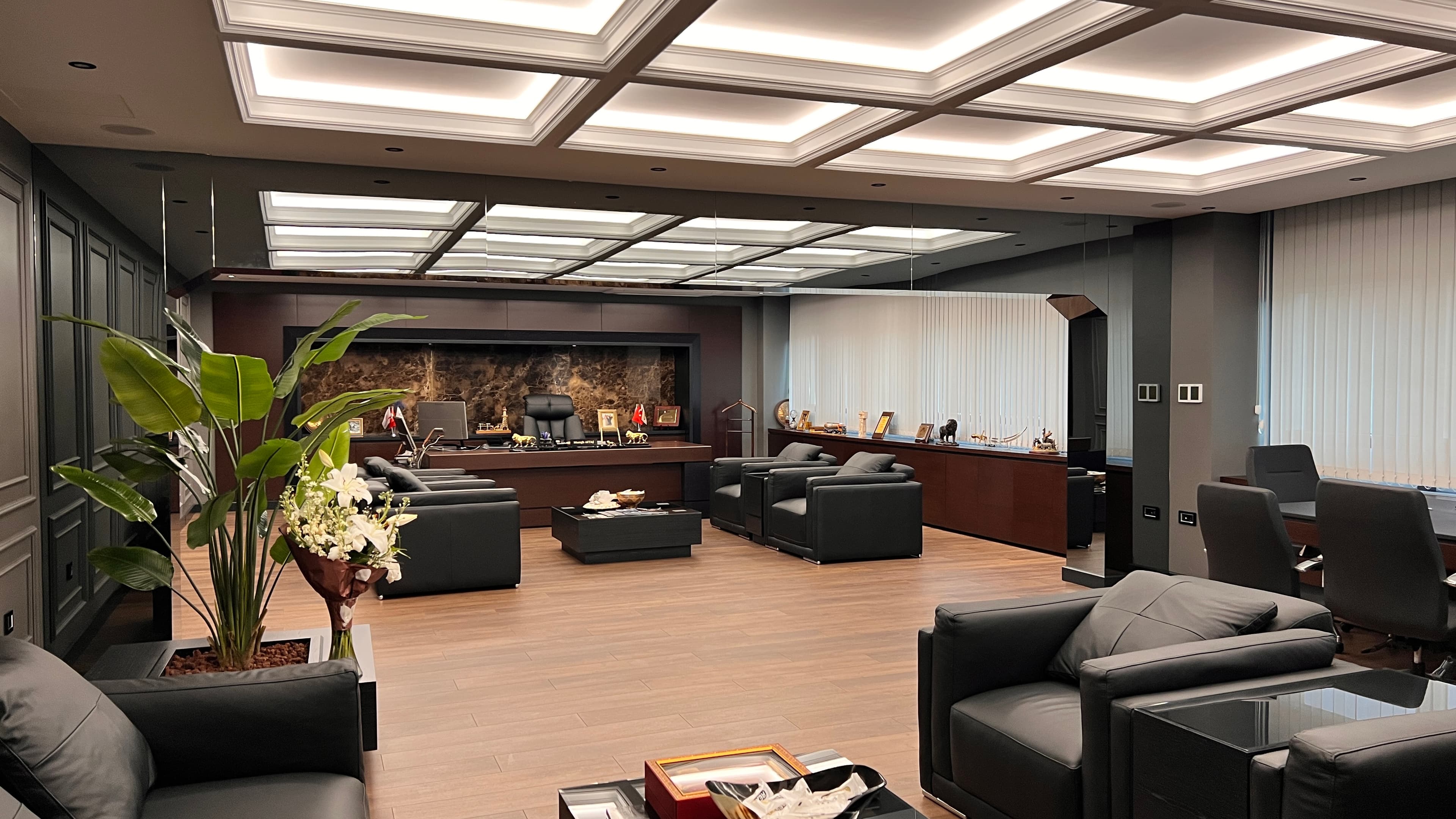 Wide entrance view showing the full executive office layout