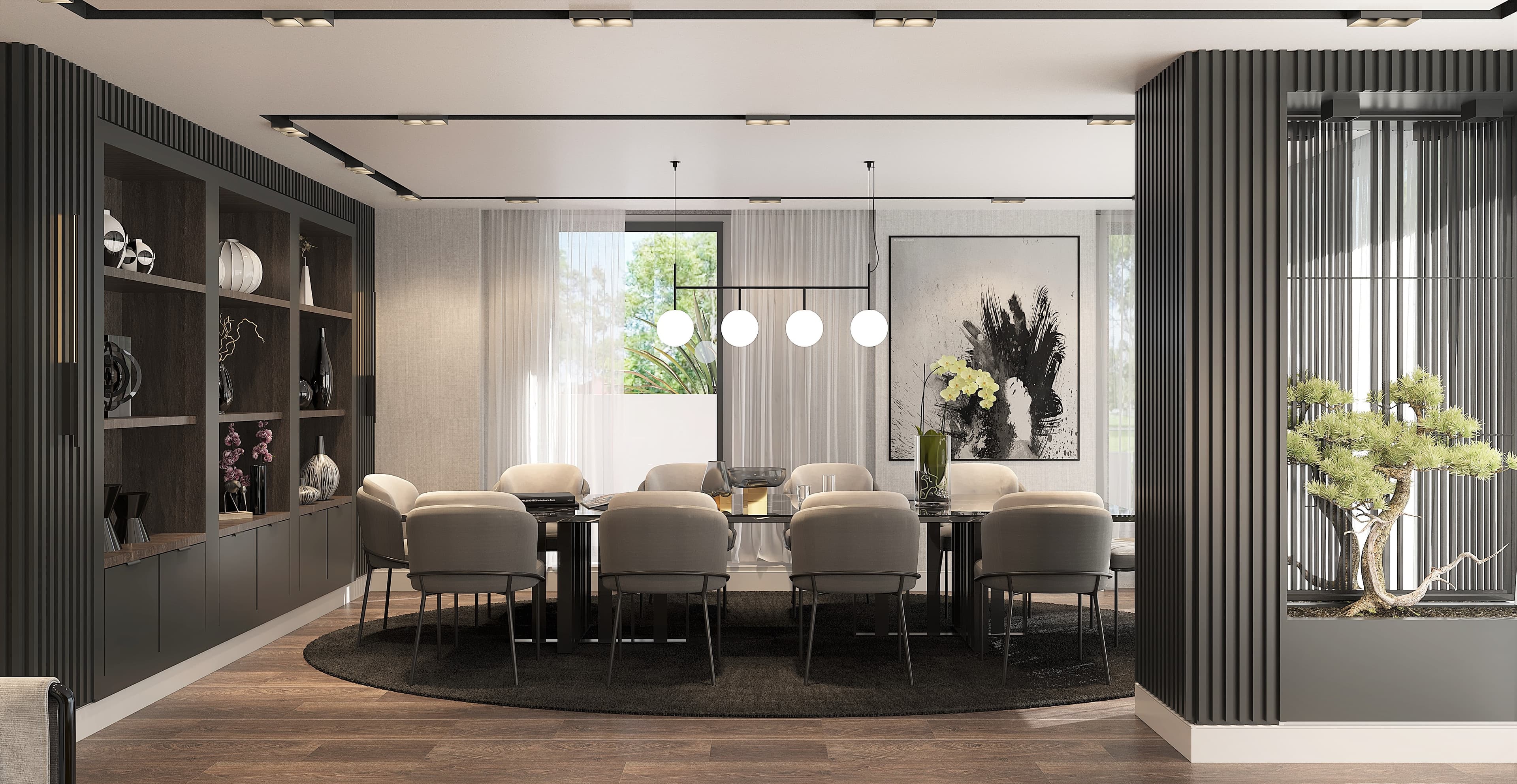 Formal dining room with globe pendants, slatted divider and bonsai