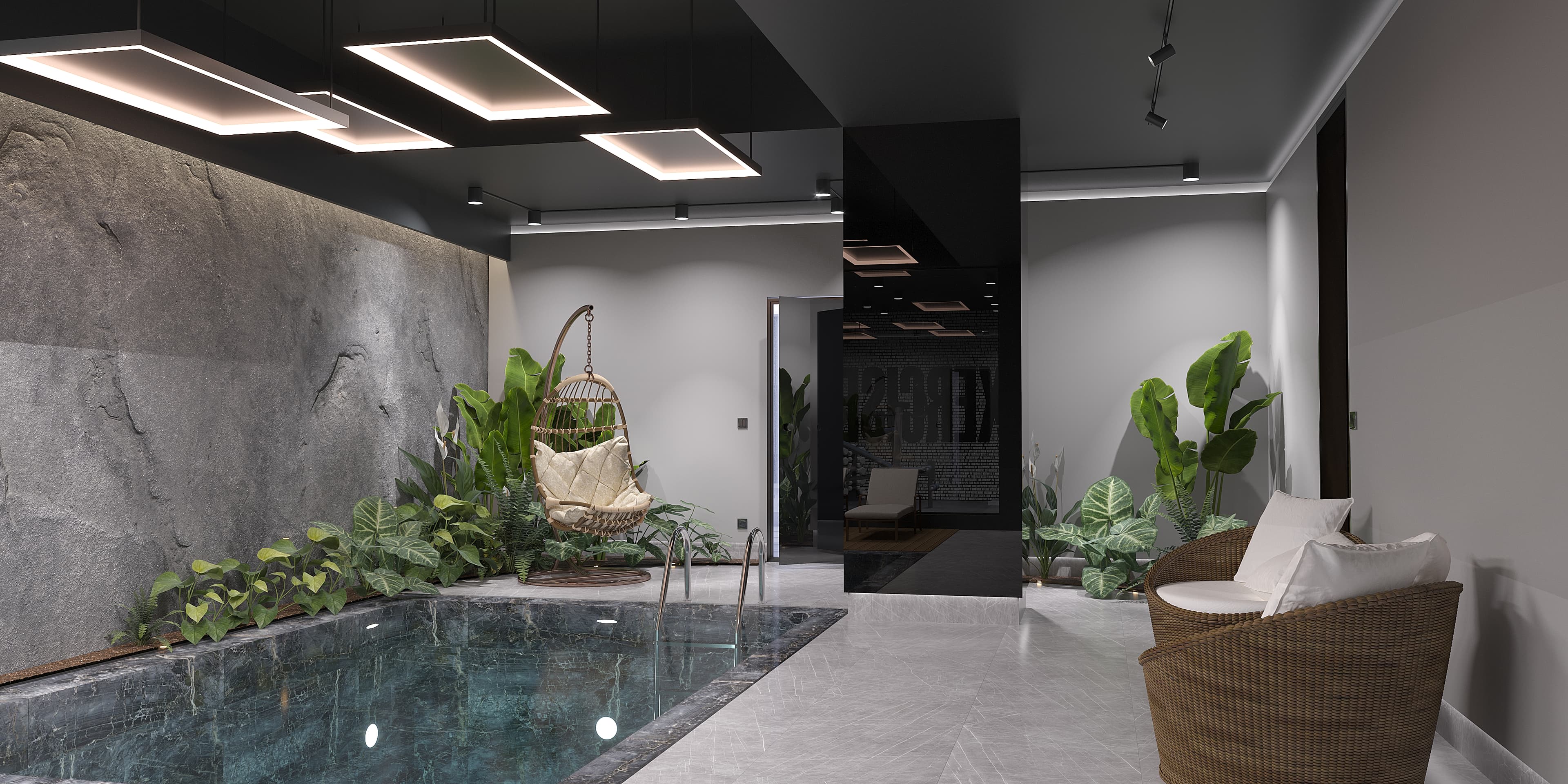 Indoor pool with rock wall feature, hanging chair and tropical plants