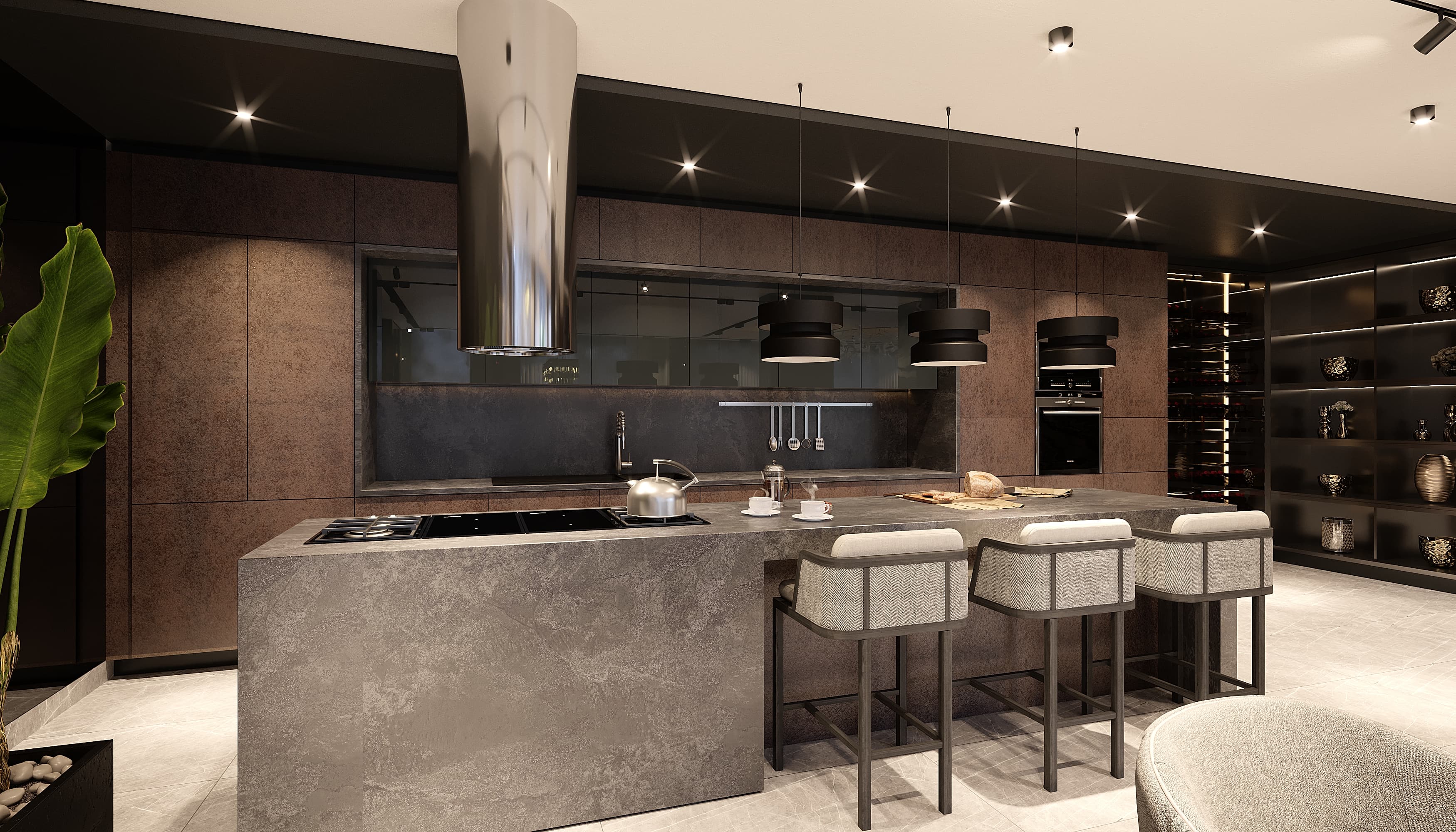 Luxury kitchen with stone island, leather stools and dark pendants