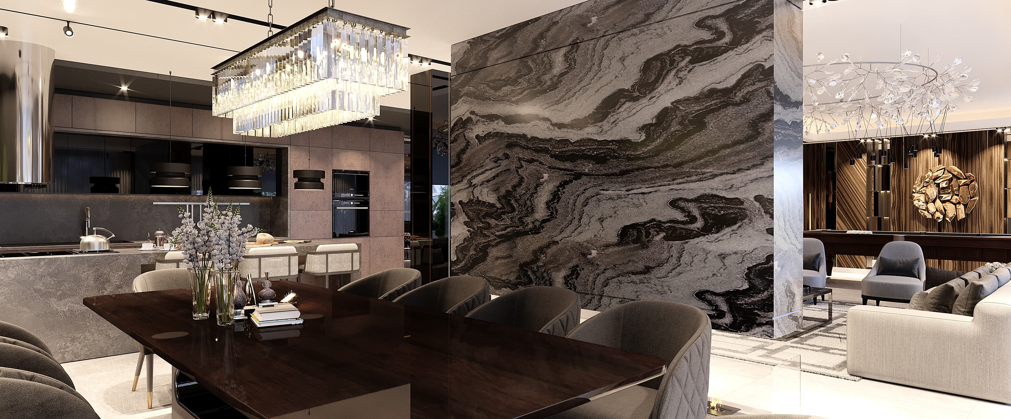 Dining area with crystal chandelier and marble partition wall