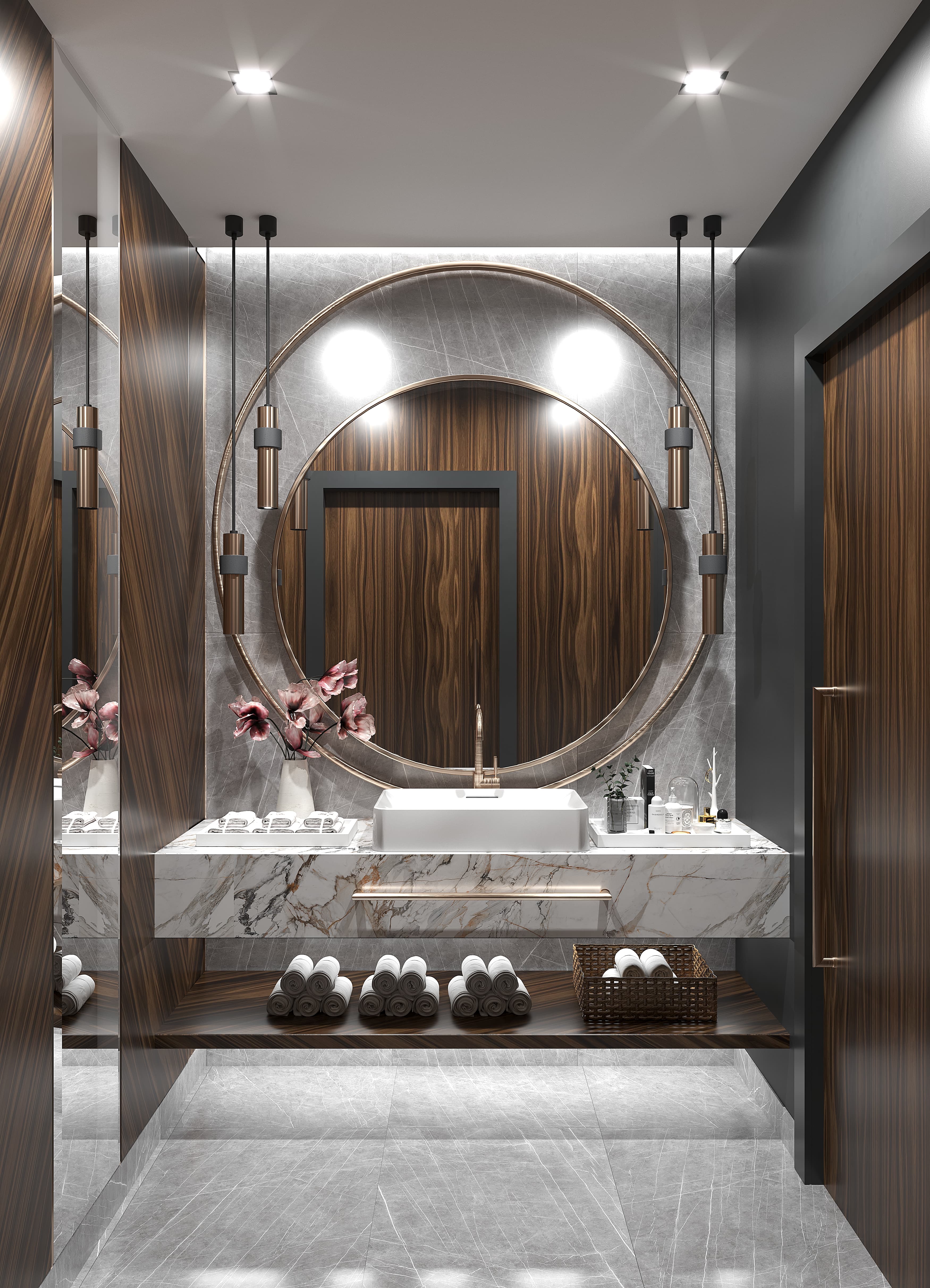 Luxury bathroom with round backlit mirror, walnut panels and marble