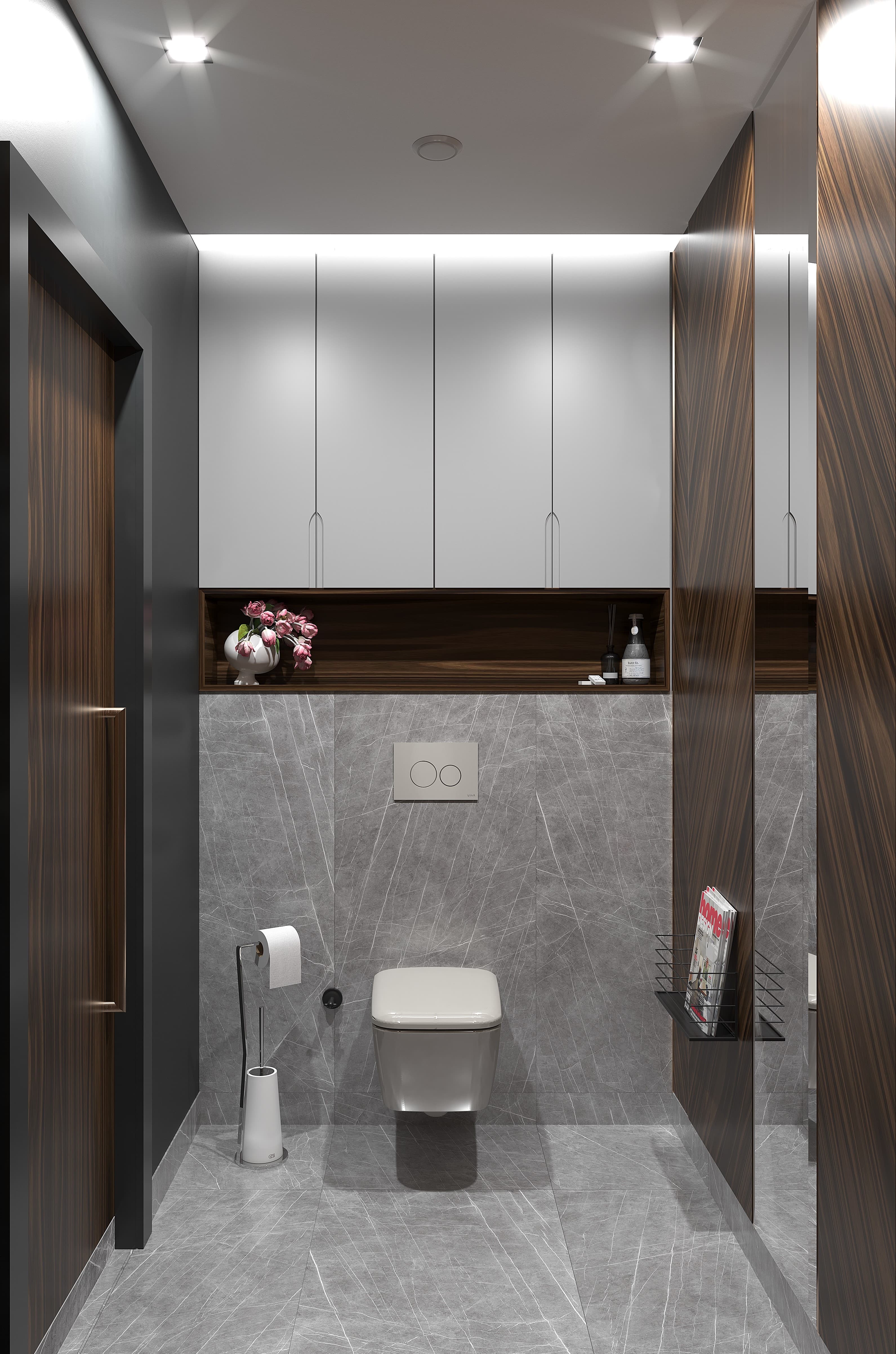 Compact WC with grey marble walls and walnut panel accents