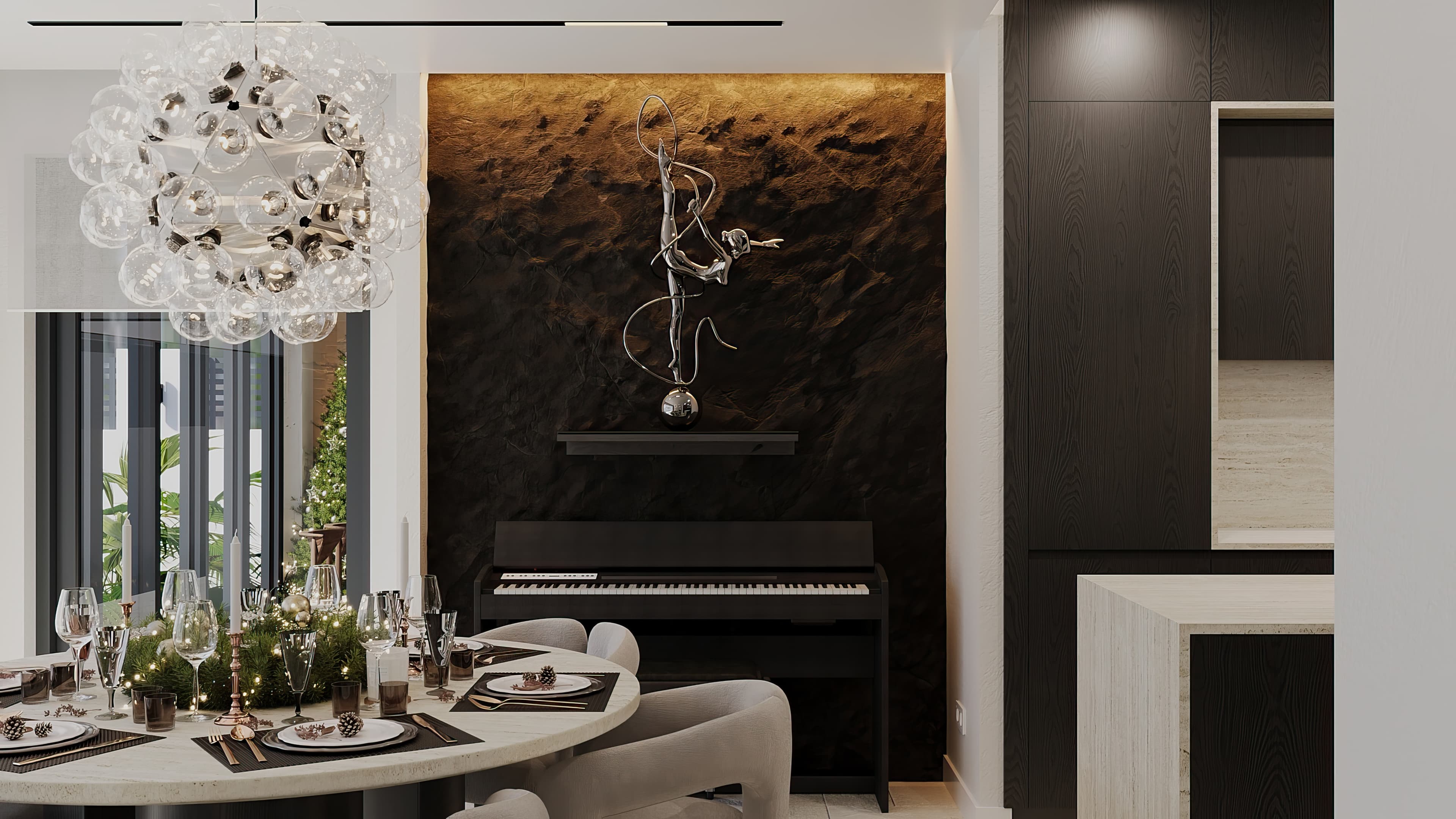 Dining vignette with piano, gold-toned accent wall, and wire sculpture