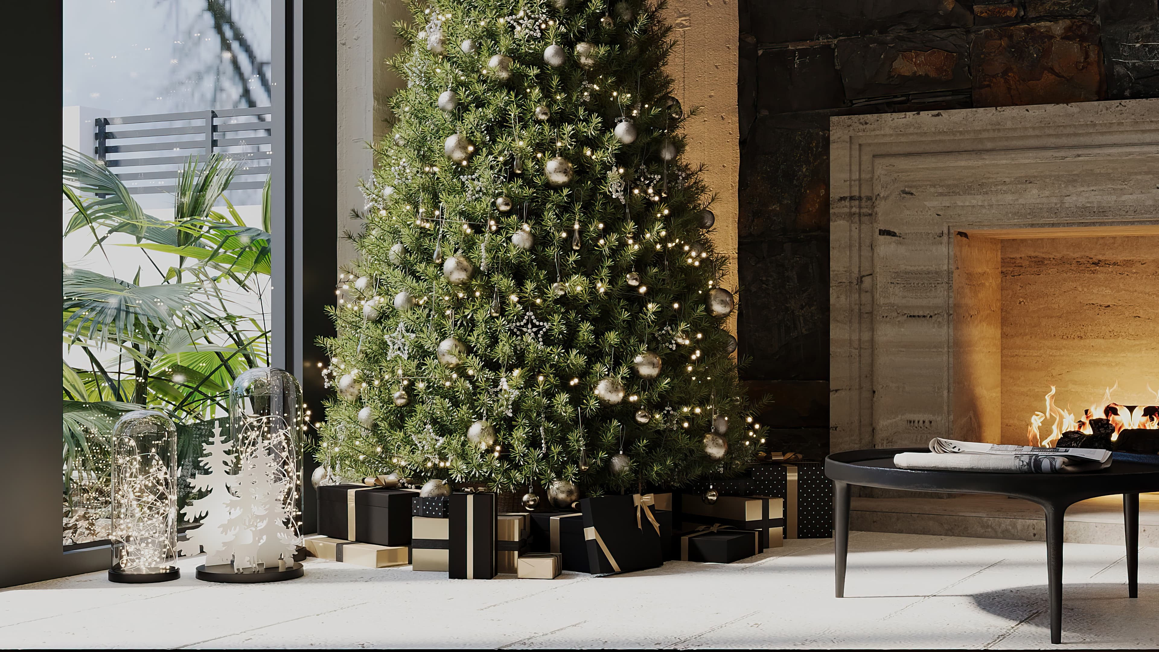 Decorated Christmas tree beside stone fireplace with gift boxes