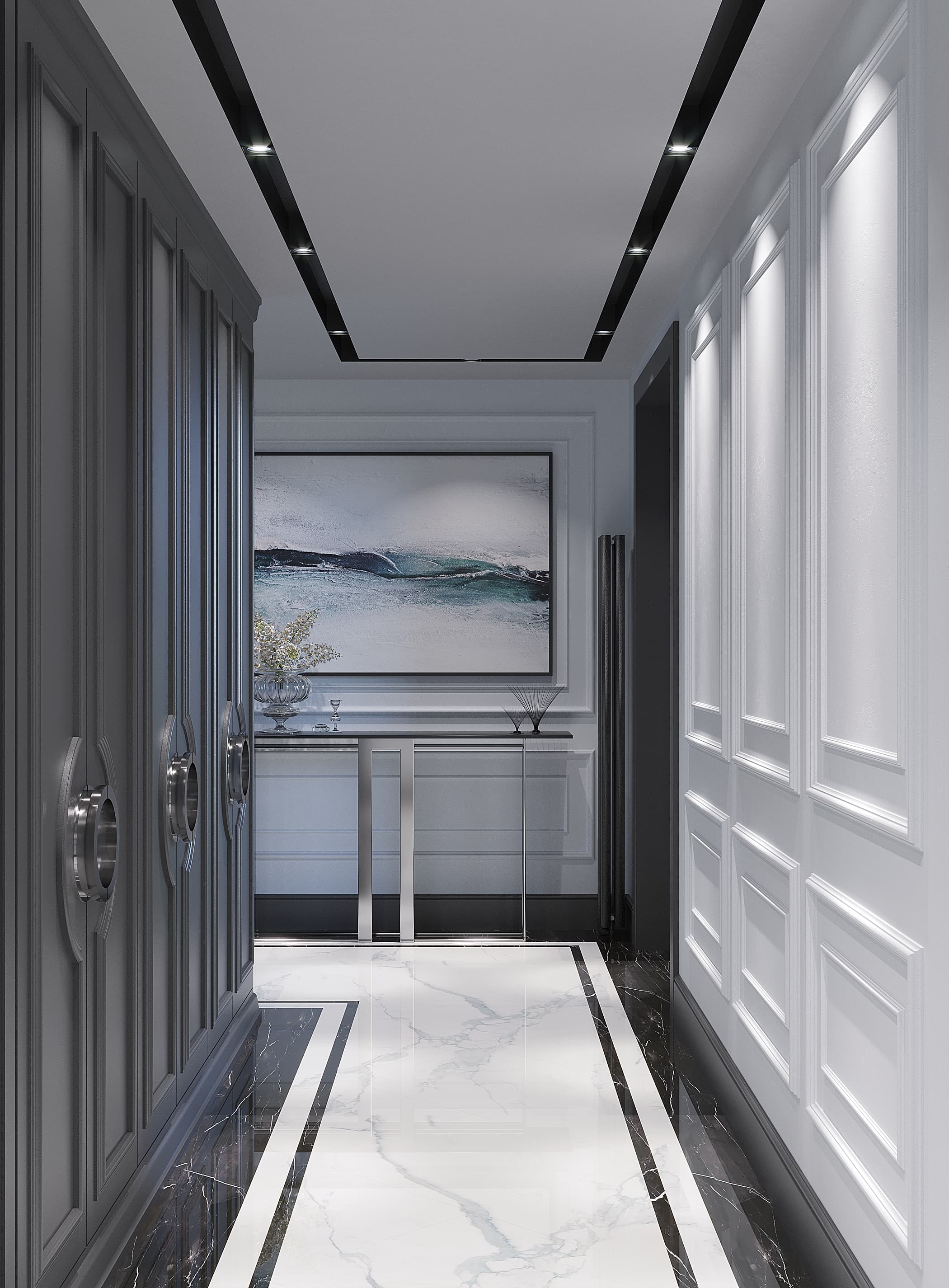 Elegant hallway with panelled walls, marble floor and seascape art