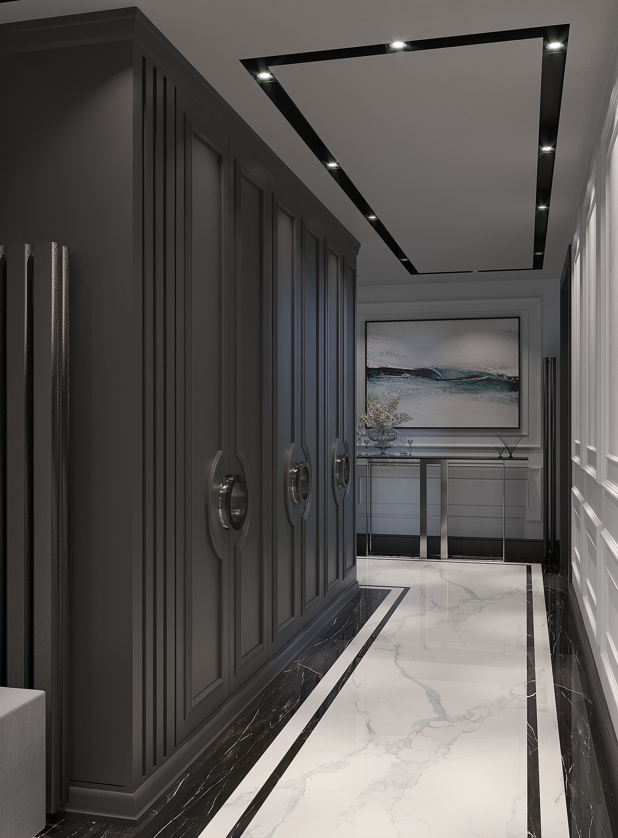 Hallway with dark panelled wardrobes and marble flooring