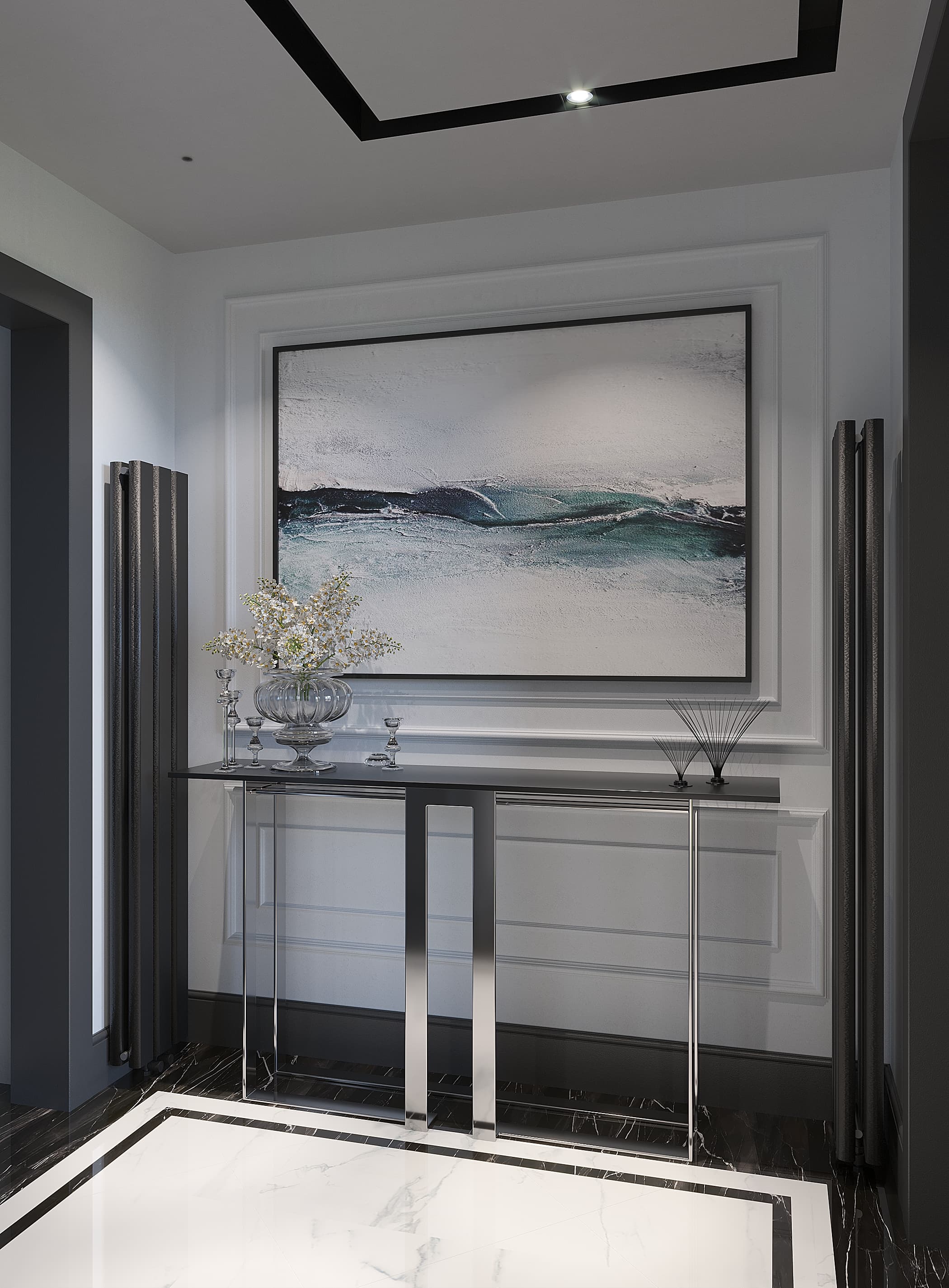 Console table with seascape painting and decorative glass vases