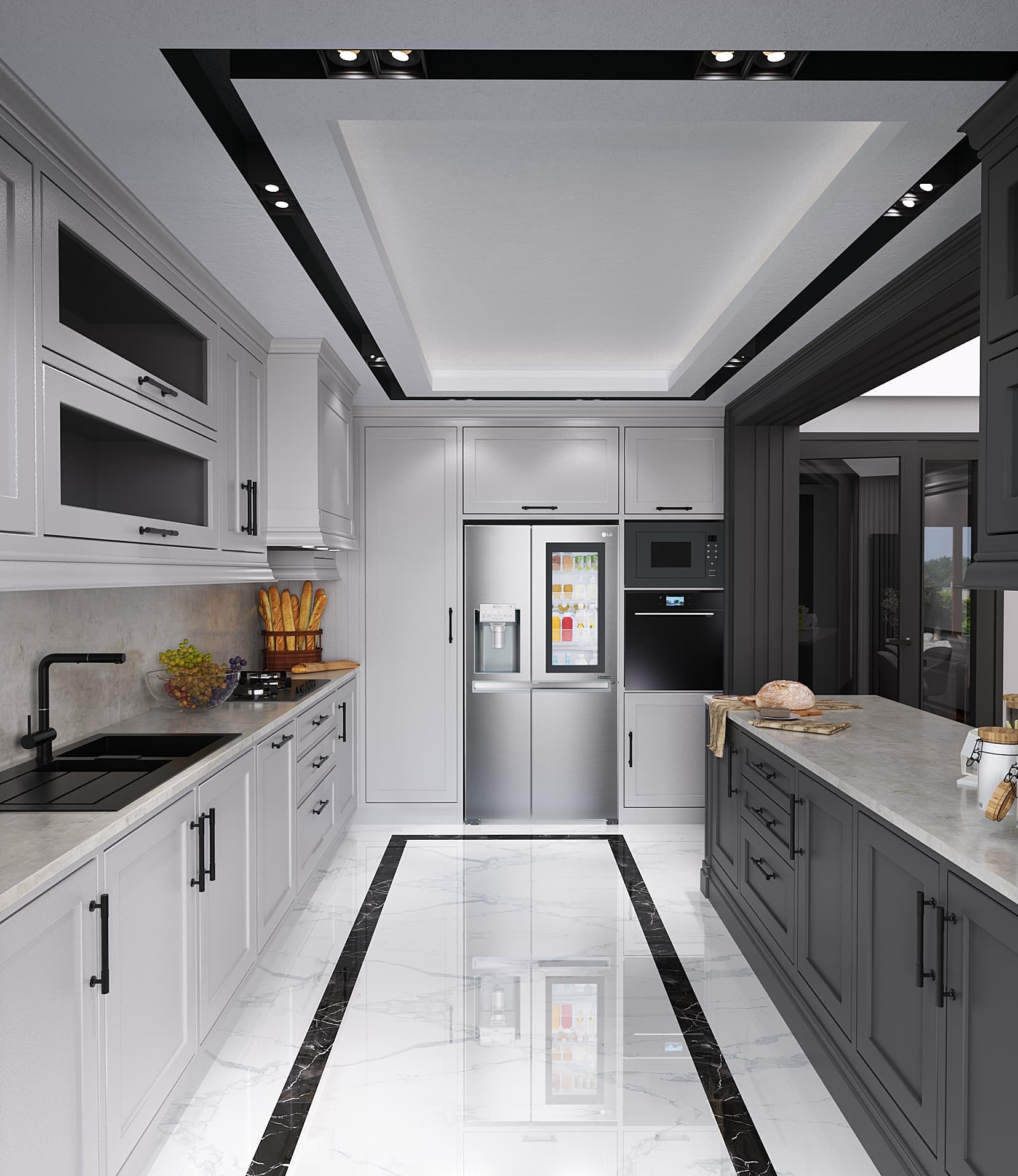 Kitchen with white and grey cabinets, marble floor and island