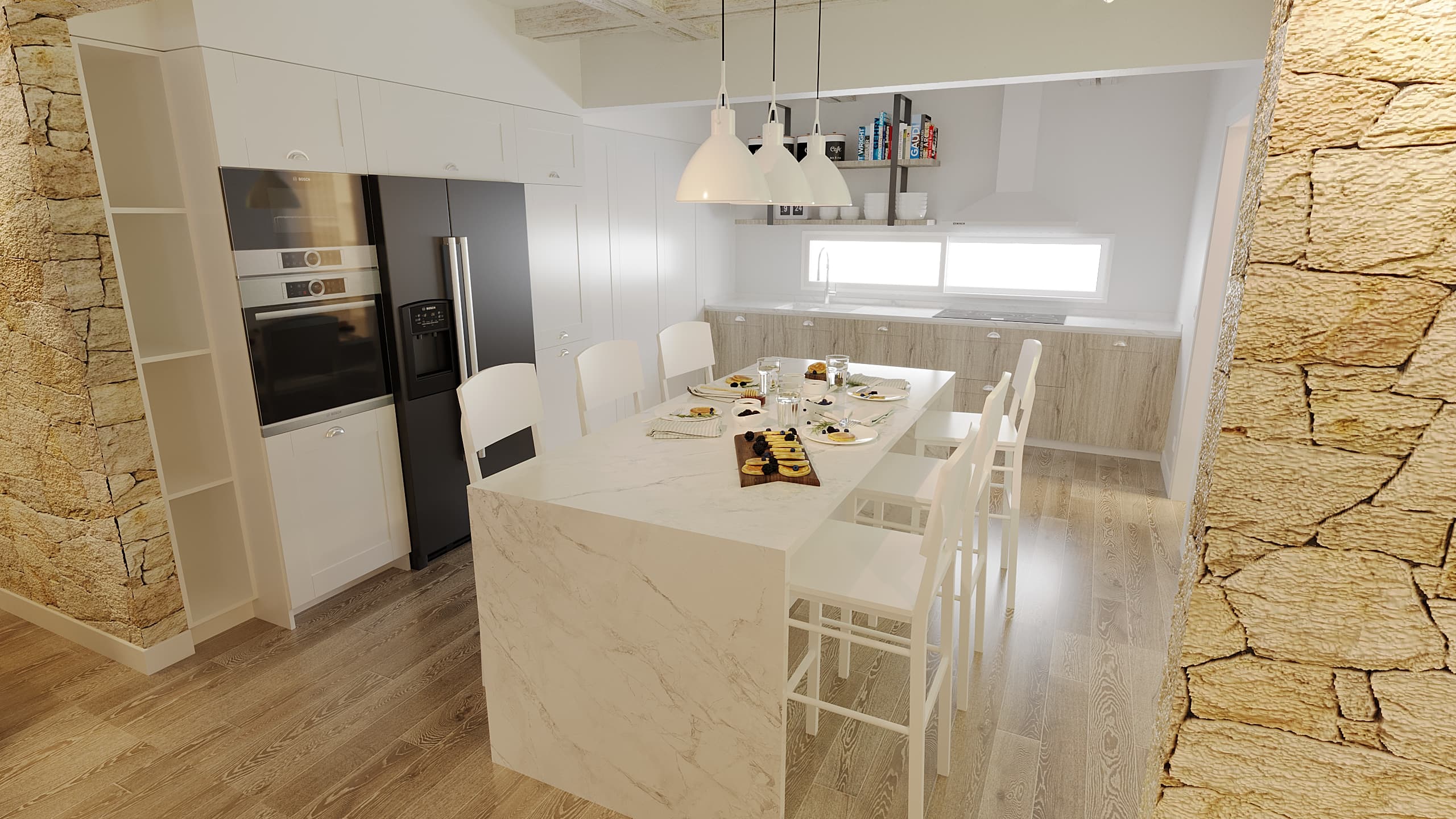 White kitchen with marble island, pendant lights, and built-in appliances
