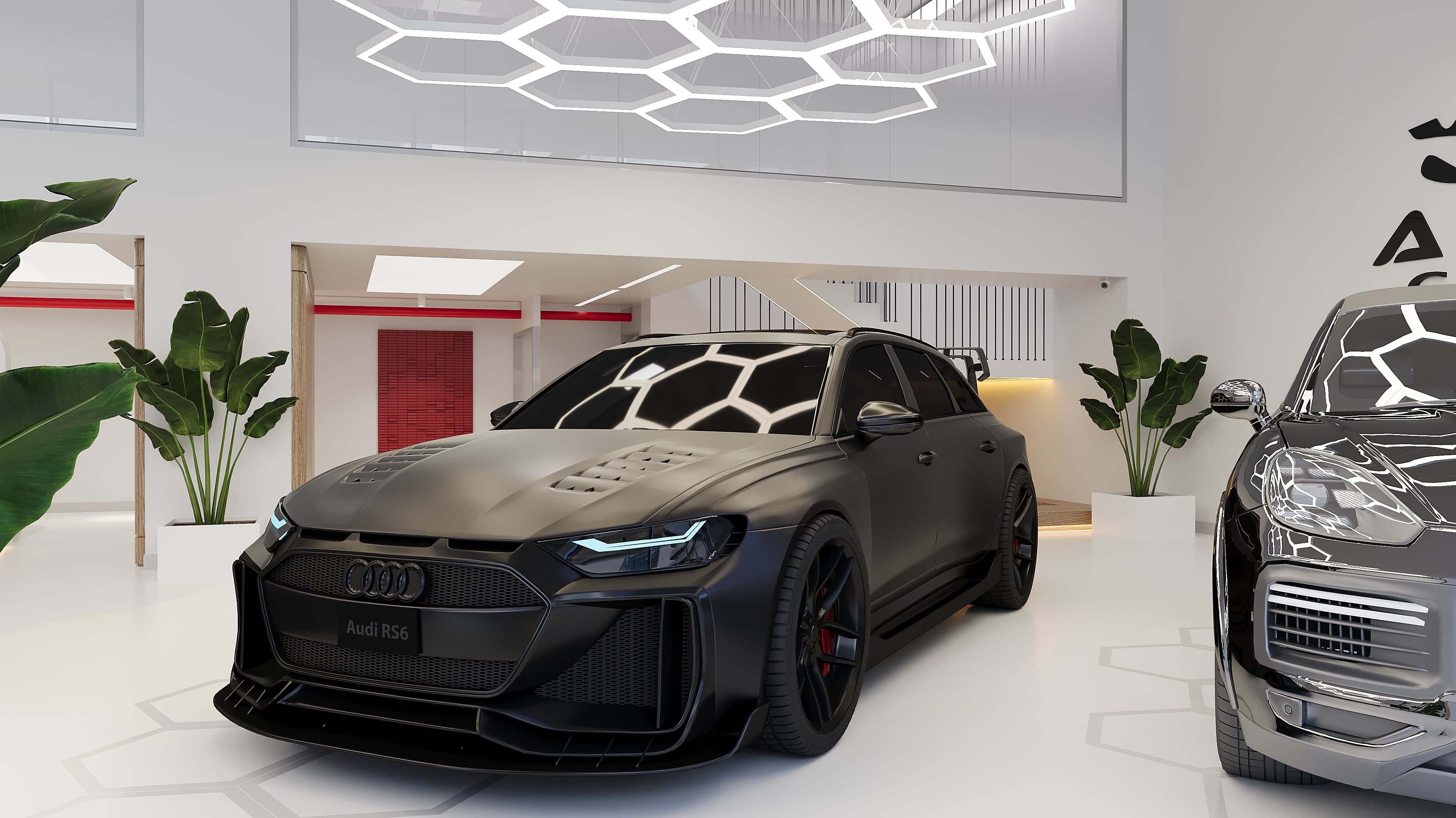 Audi RS6 and SUV parked beneath hexagonal ceiling lights