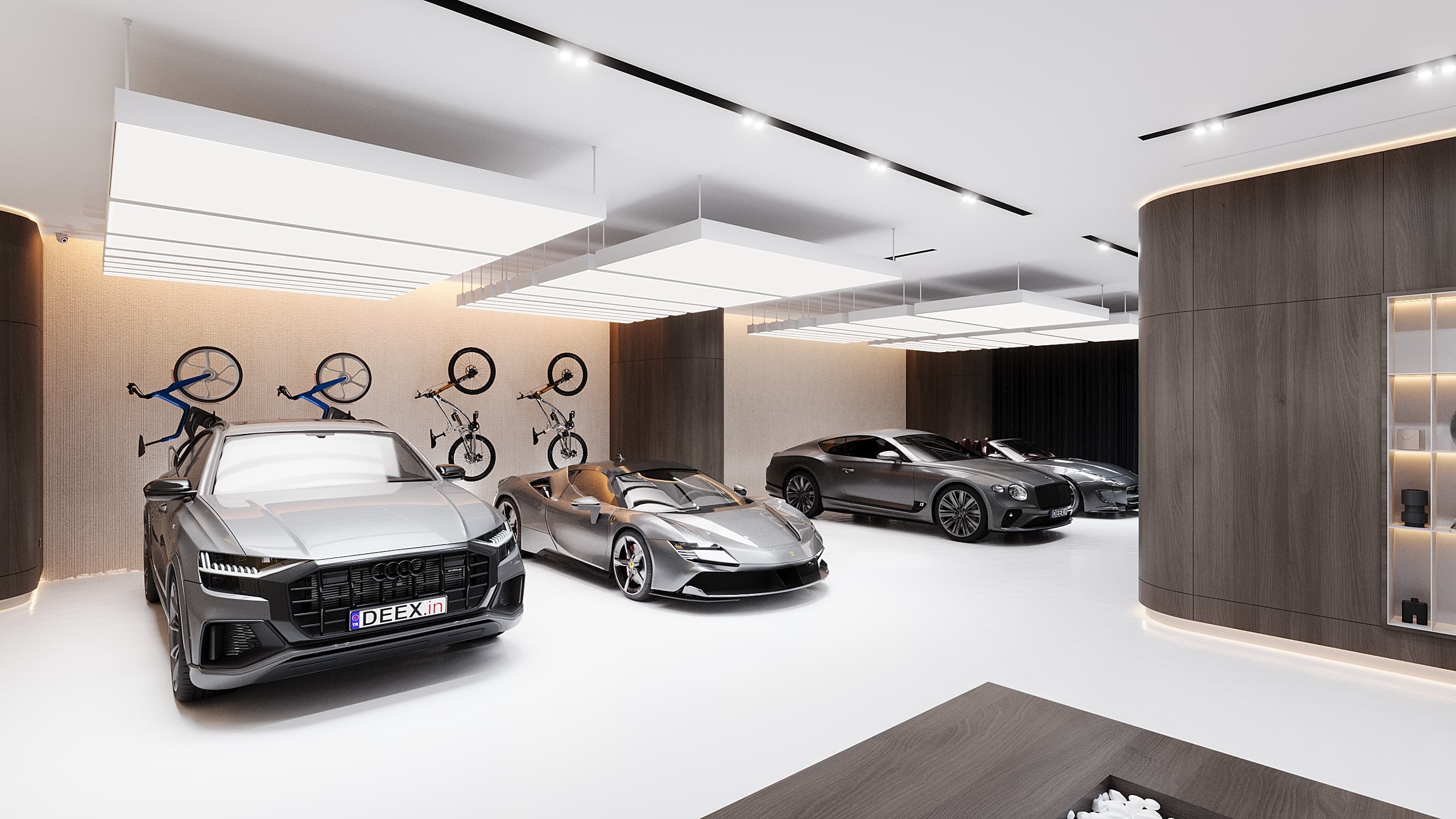 Basement view with Audi SUV, multiple cars and bicycles on wall