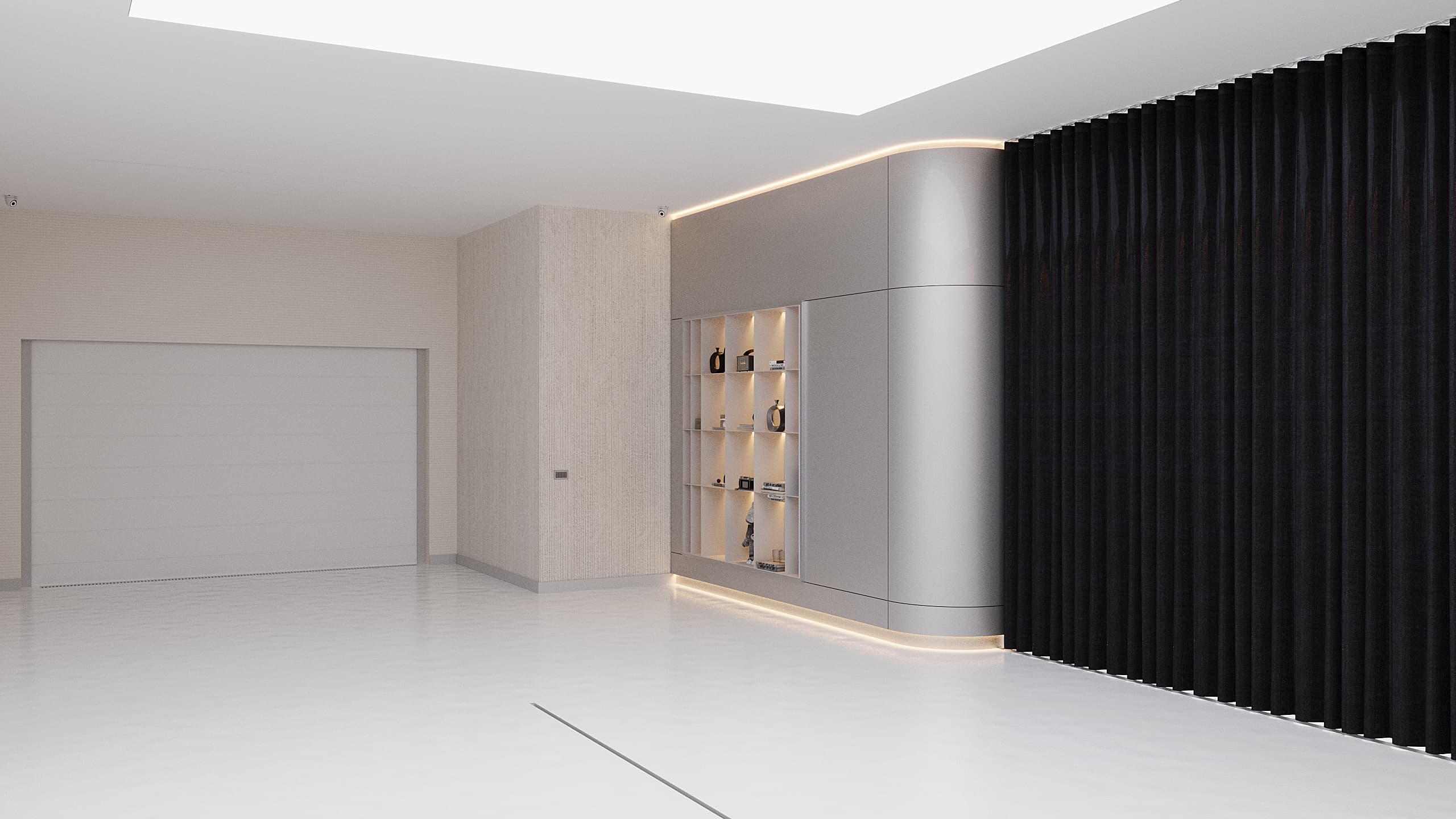 Display shelving wall with dark curtains and garage door