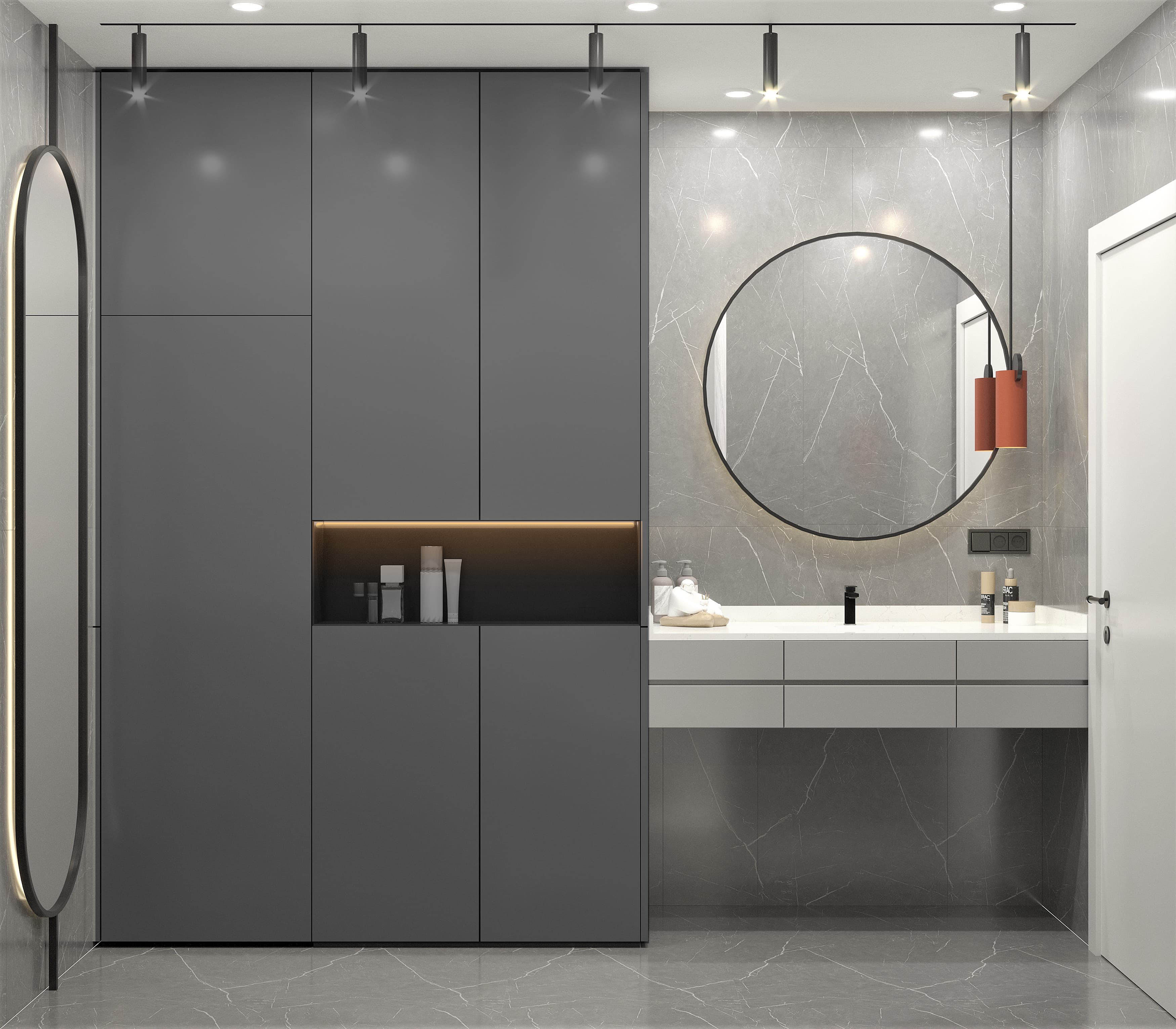 Grey bathroom with vanity, round mirror and marble wall panels