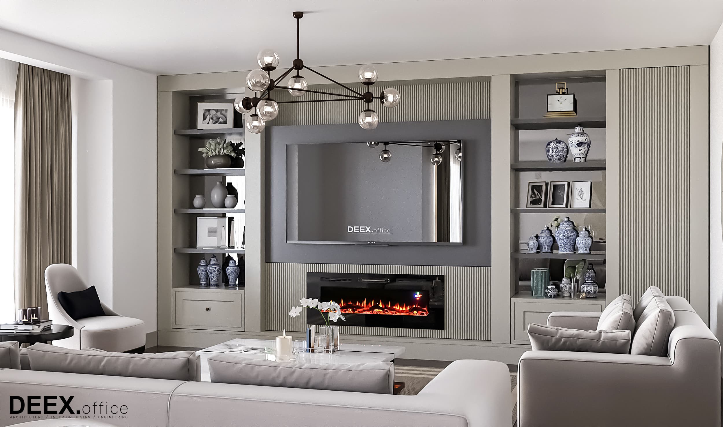 Living room render showing fluted TV wall panel and blue-white porcelain vases