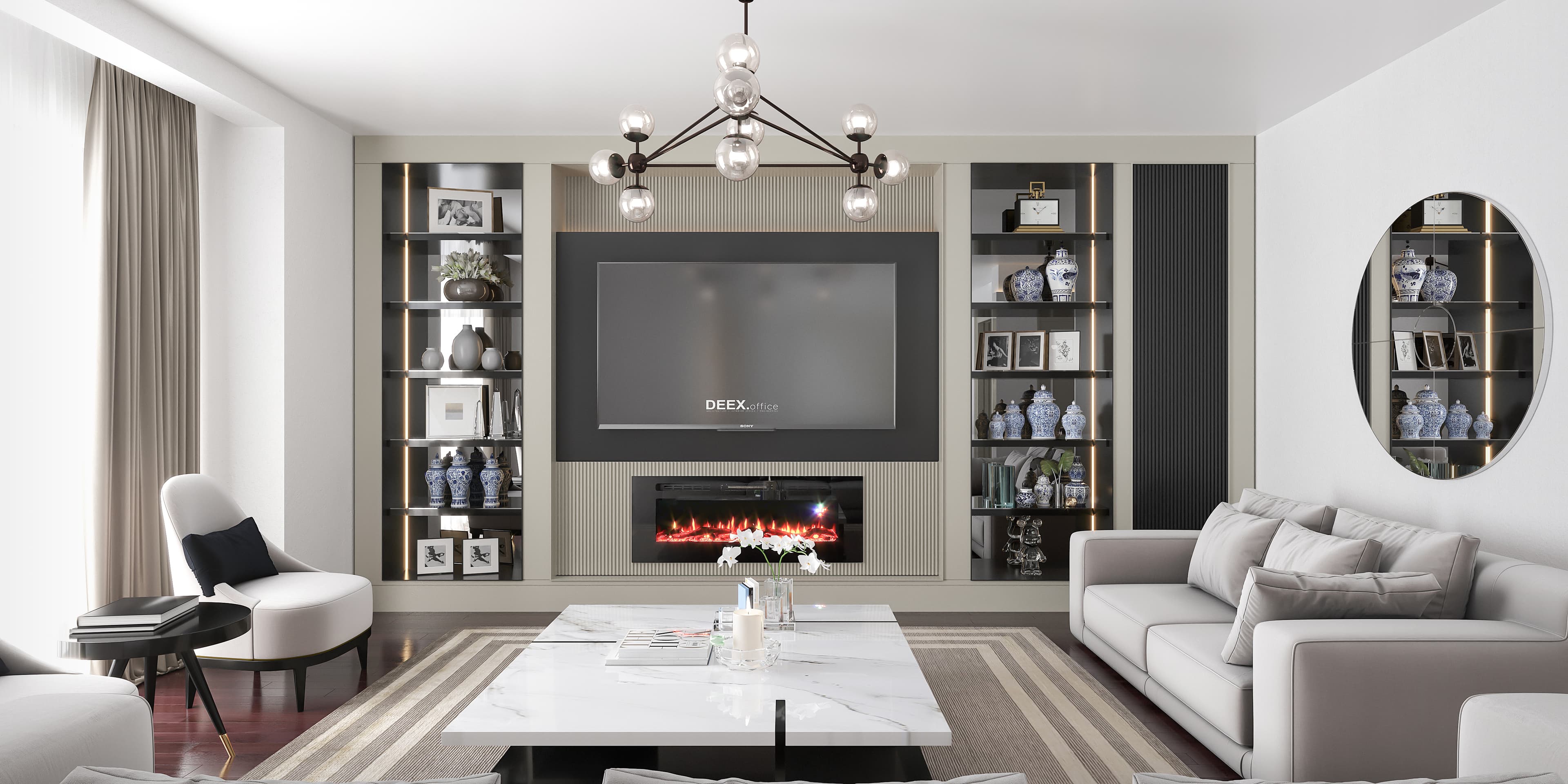 Wide-angle render of living room with display shelving, fireplace, and seating