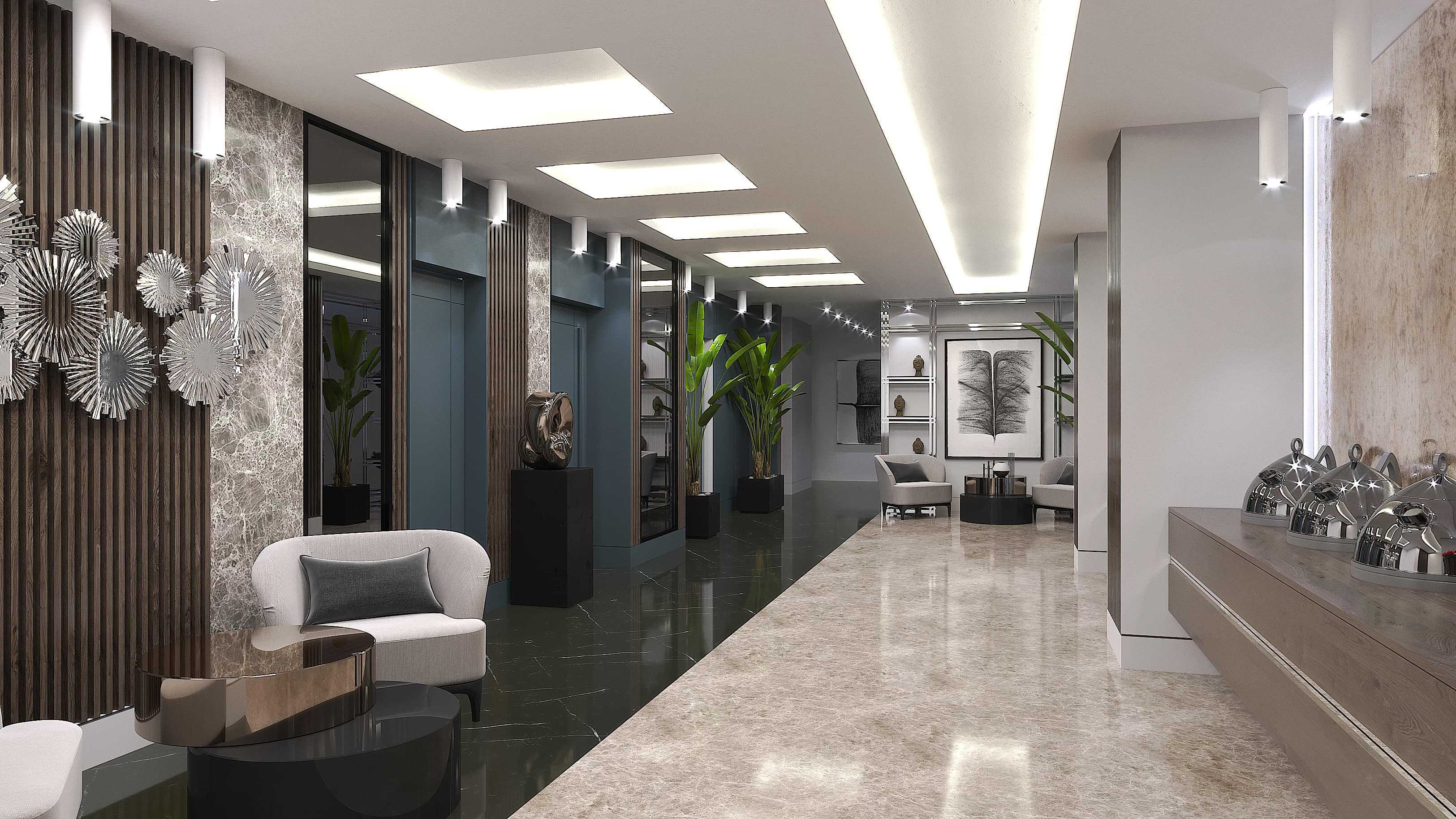 Hotel corridor render with plants, marble panels, timber slats, and art niches