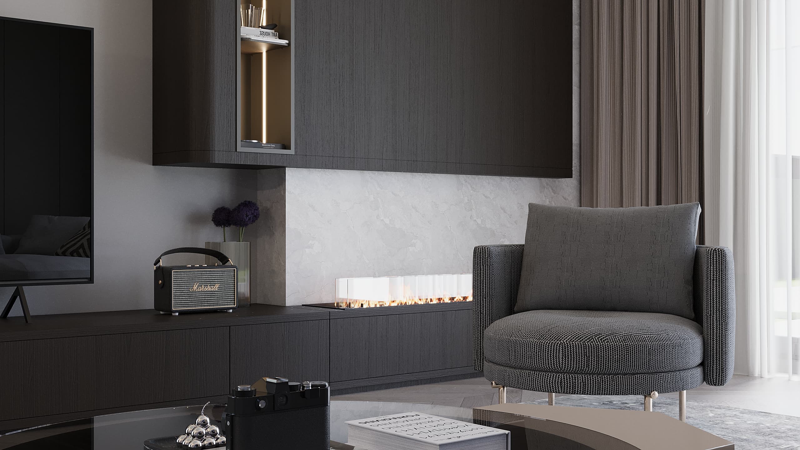 Fireplace close-up with armchair and Marshall speaker on shelf