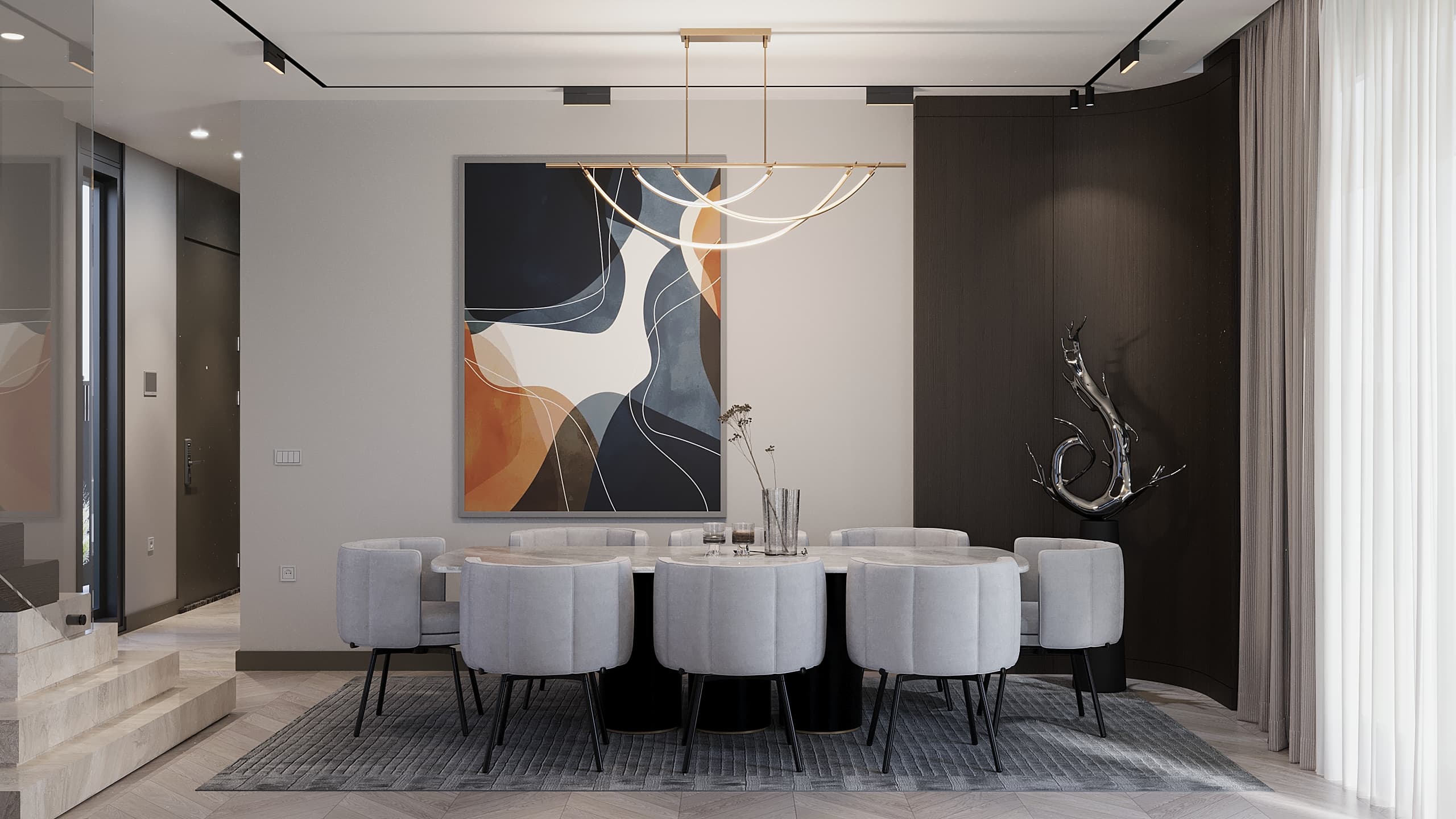 Dining table frontal view with large artwork and sculptural decor