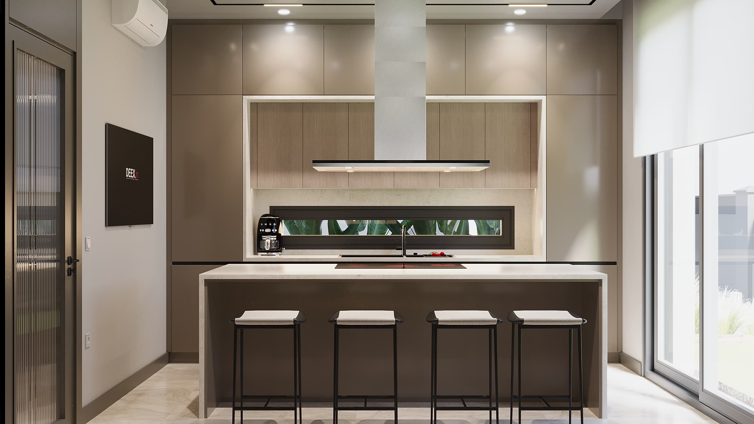Kitchen with island, leather bar stools and taupe cabinetry