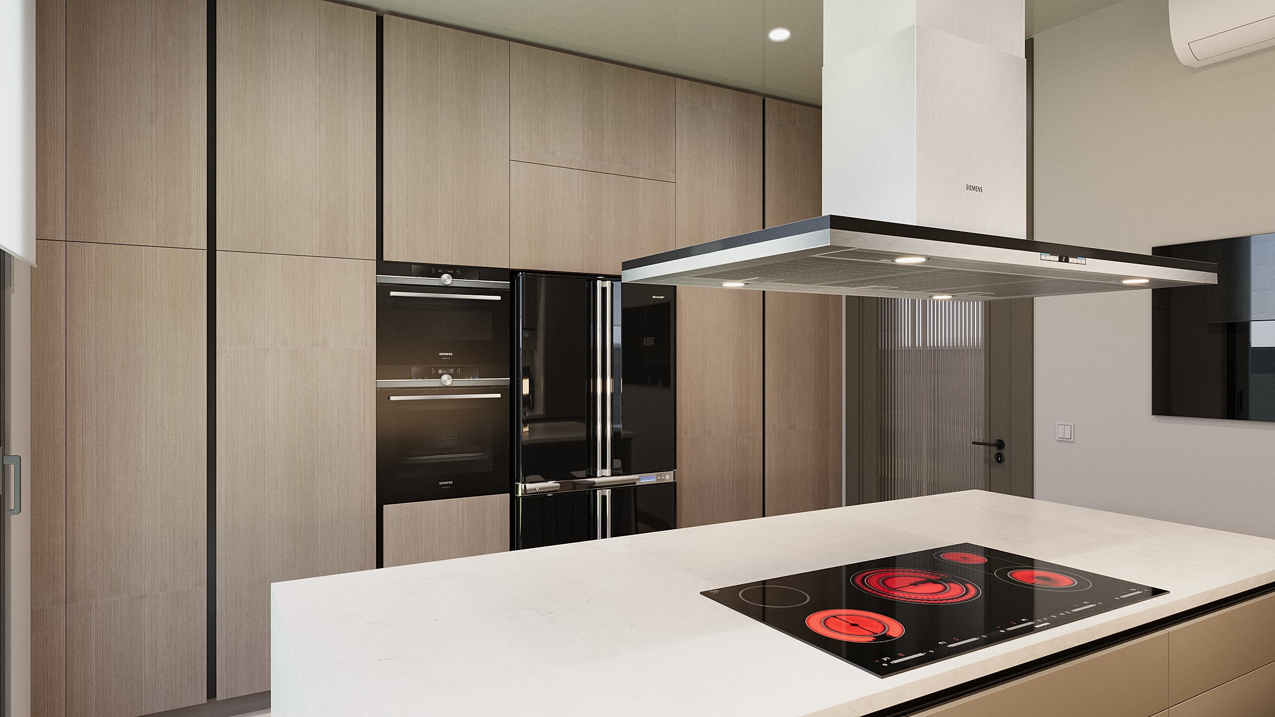 Kitchen appliance wall with built-in oven and cooktop