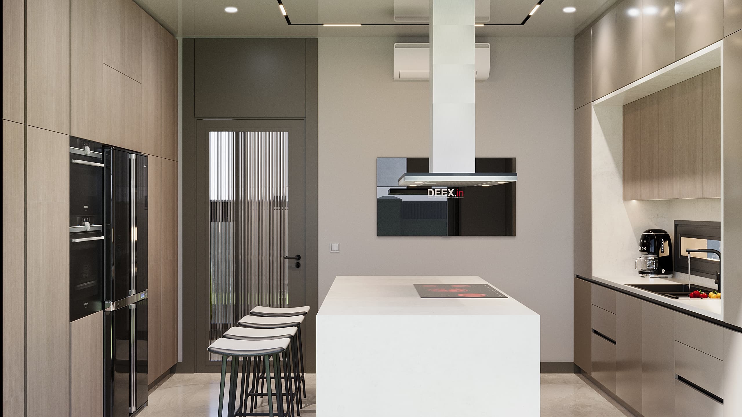 Full kitchen view with island, reeded glass door and TV beyond