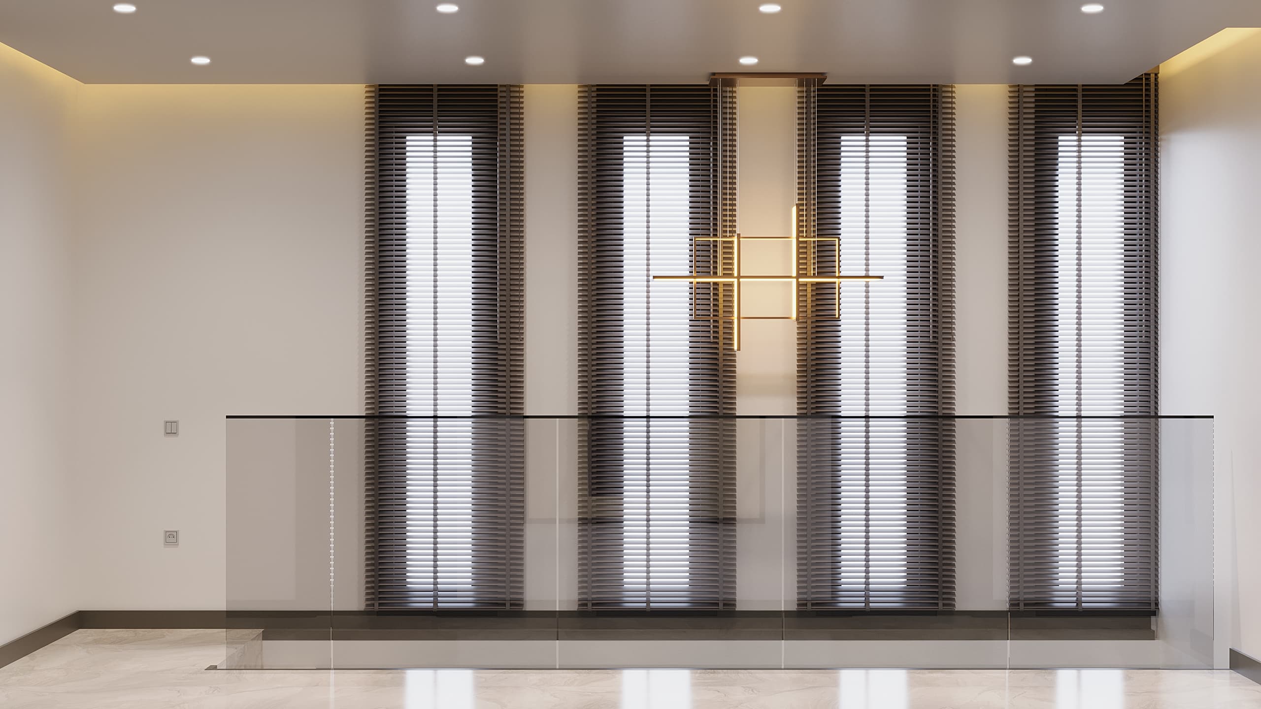 Upper landing with glass railing, blinds and gold pendant light