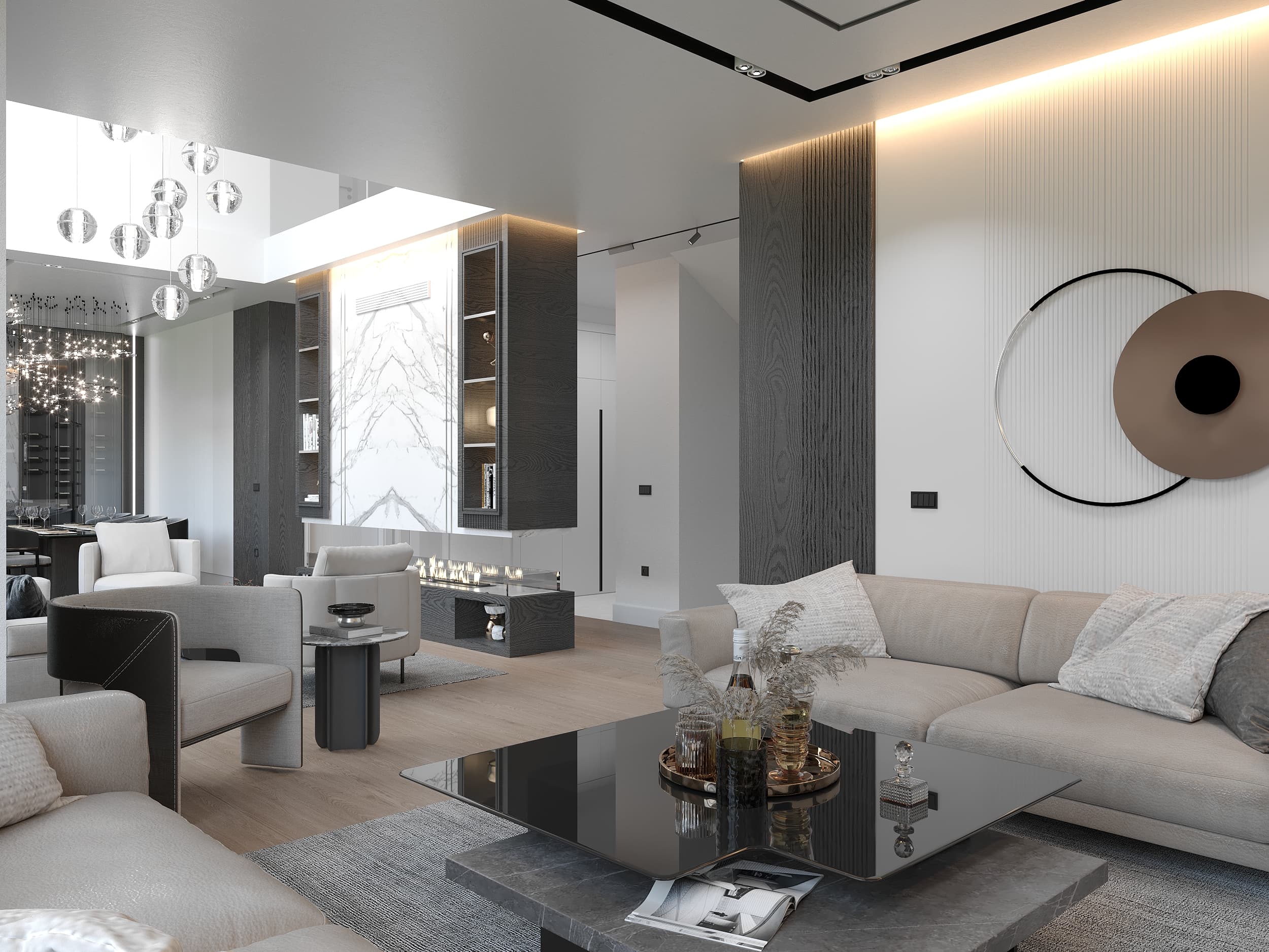 Living area with dark oak panels, circular wall sculpture, and beige sofa