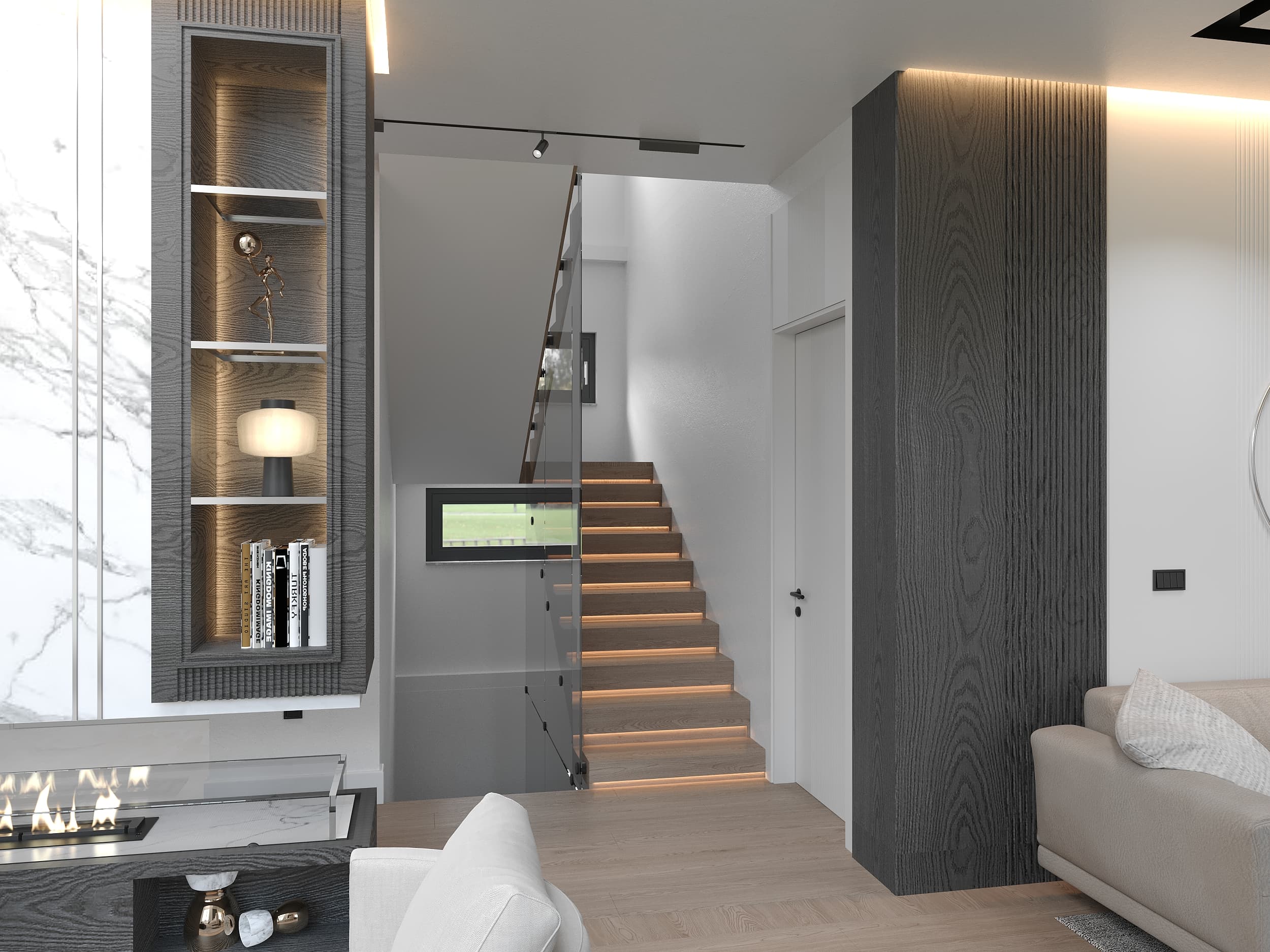 Oak staircase with LED-lit steps, glass balustrade, and display niche