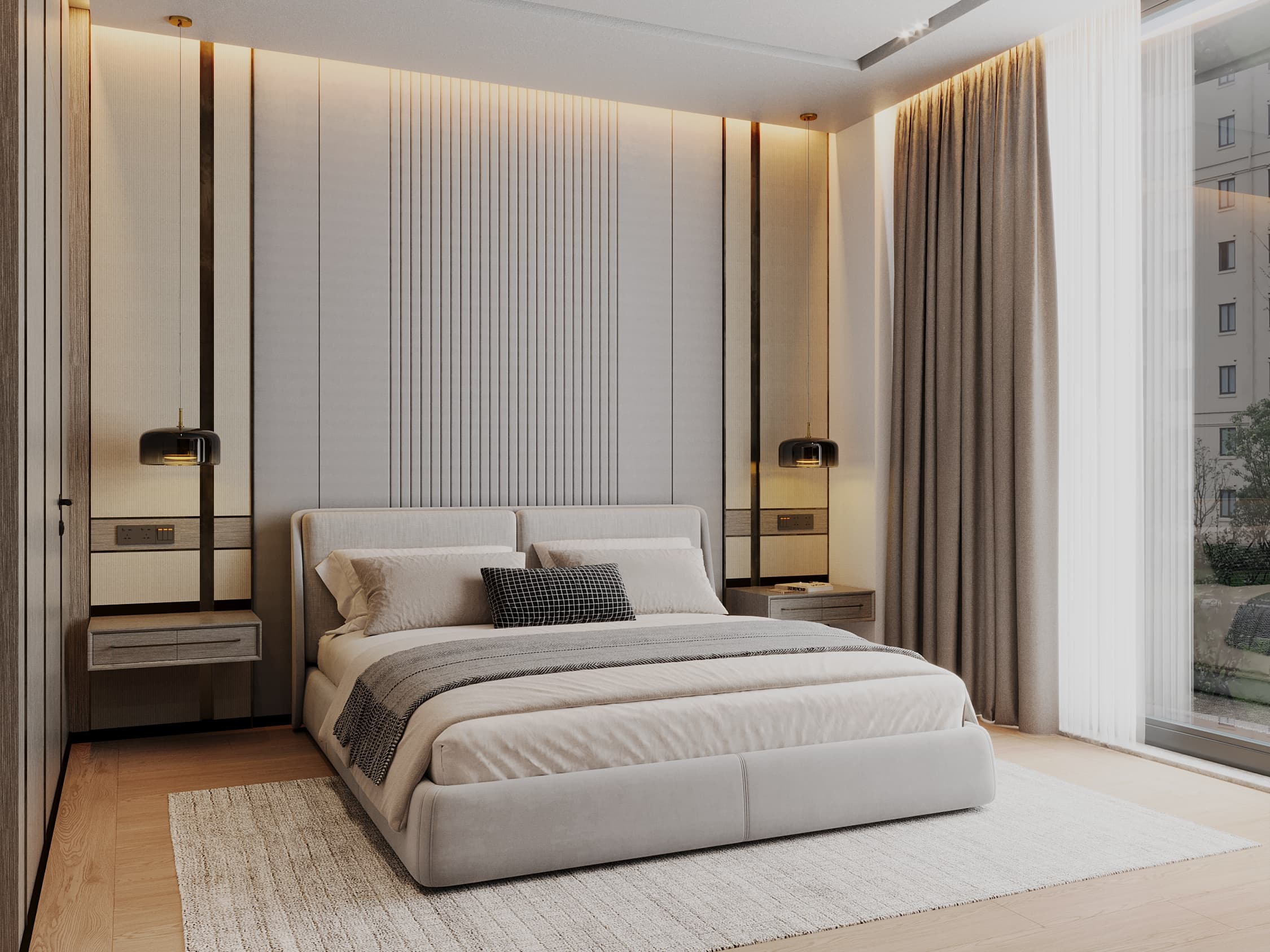 Master bedroom with upholstered headboard wall, pendants, and neutral bedding