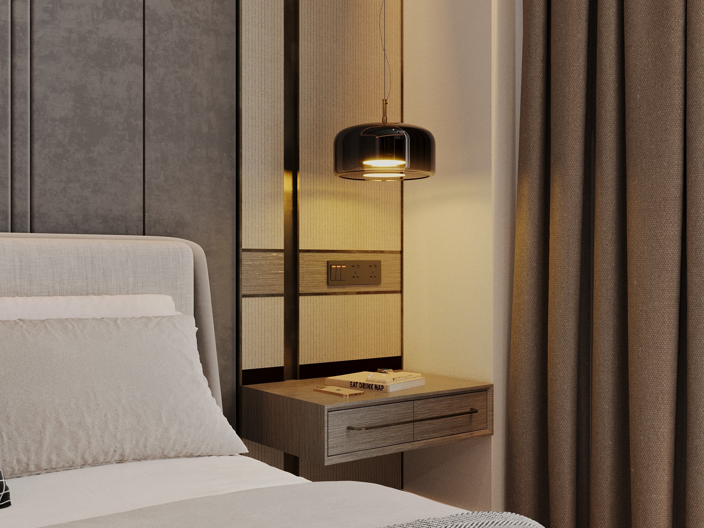 Bedside detail with floating nightstand and smoked glass pendant lamp