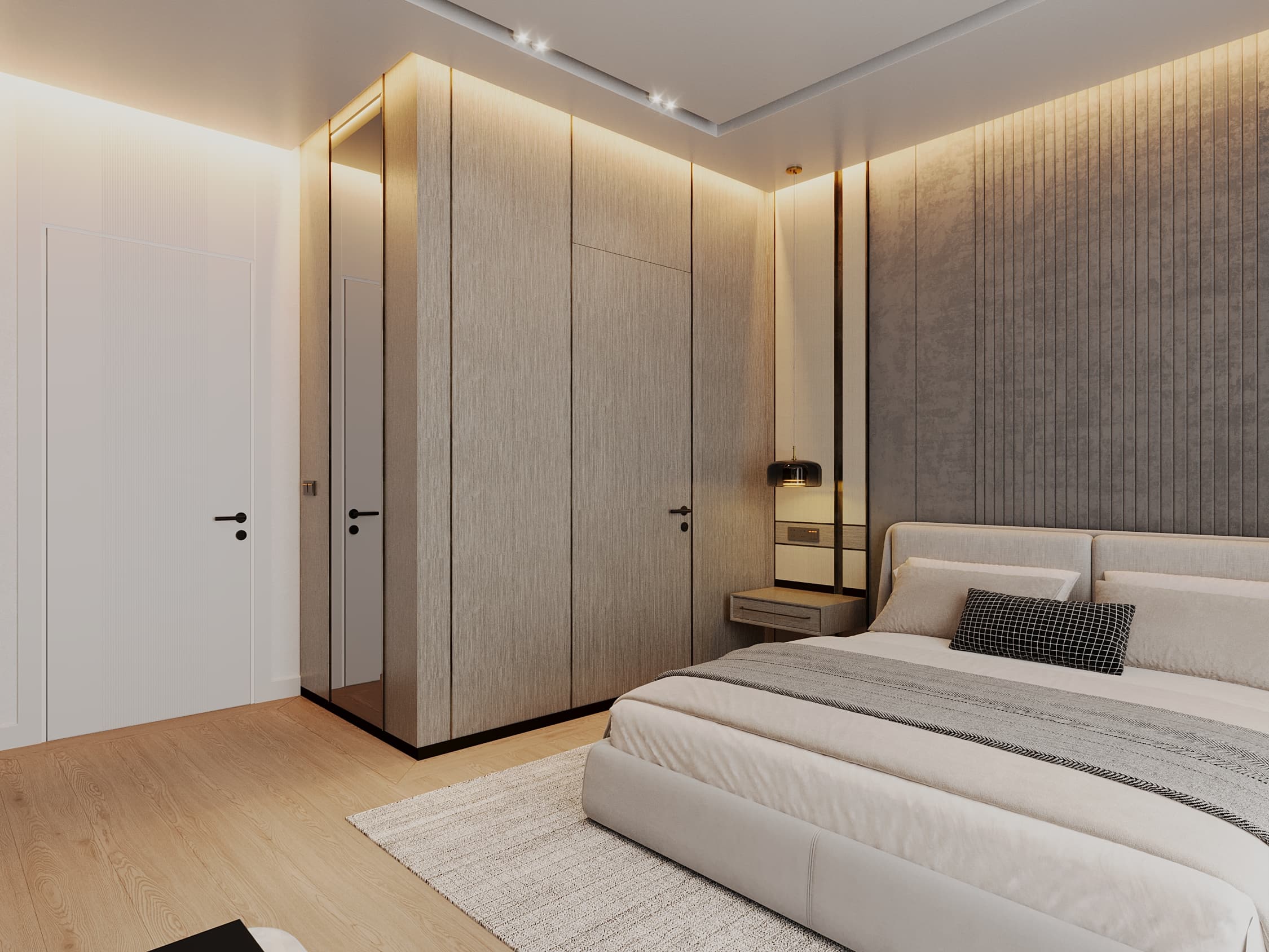 Guest bedroom with timber wardrobe, padded headboard, and oak floor