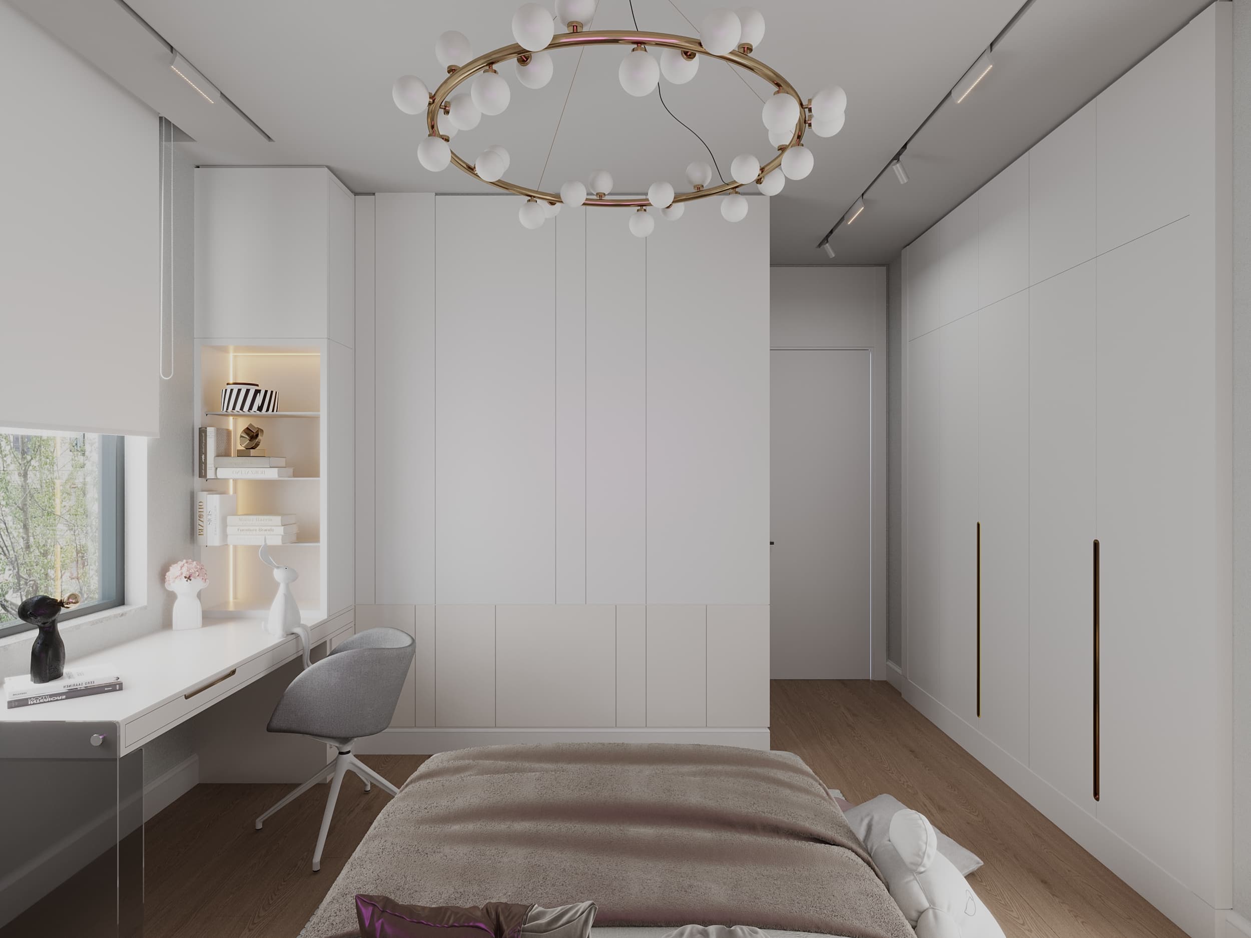 Girl's bedroom wide view with bubble chandelier and built-in desk