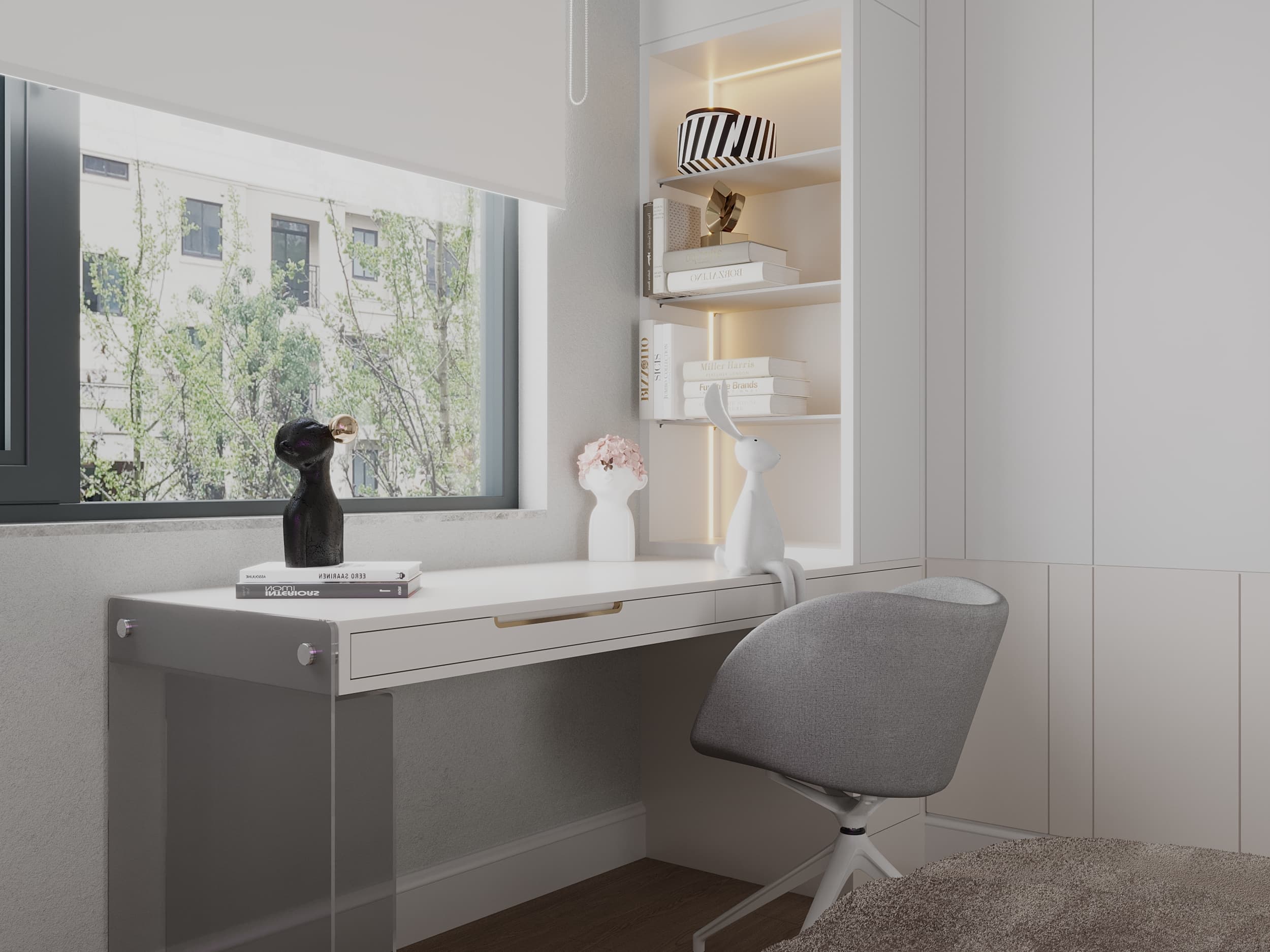 Study desk close-up with window view and lit shelving niche