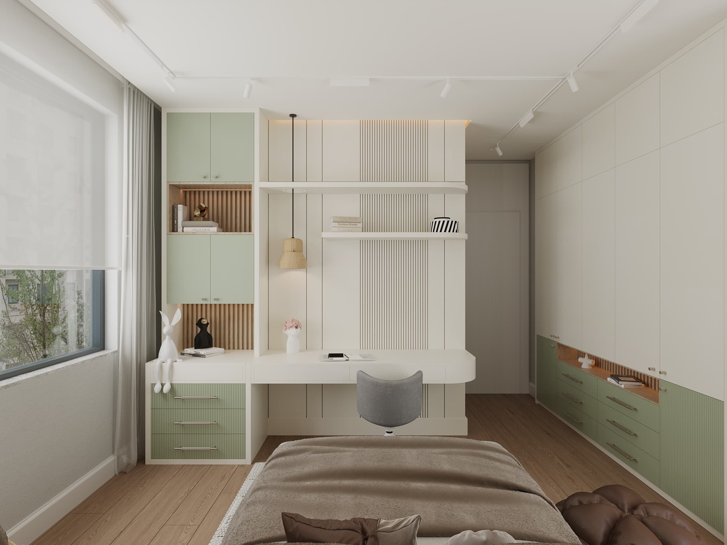 Child's room with sage green cabinets, slatted panels, and study desk