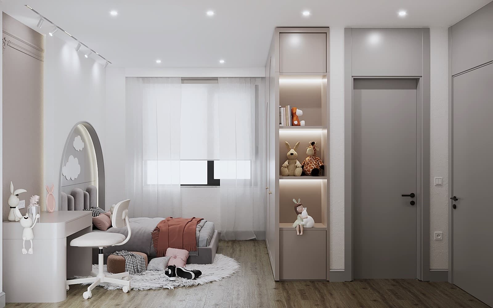 Wide view of girl's room with toy shelf, desk, and arch-frame bed